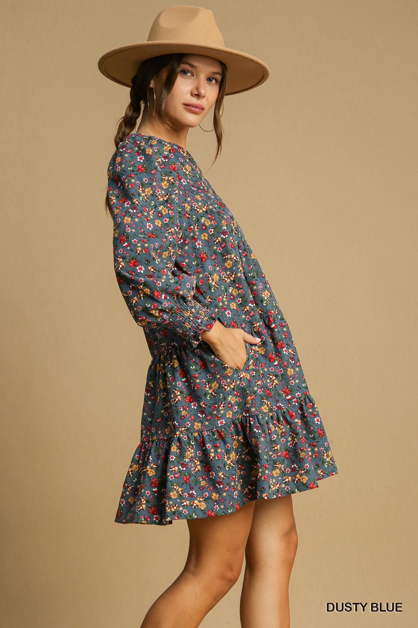 Blue Floral Corduroy Dress