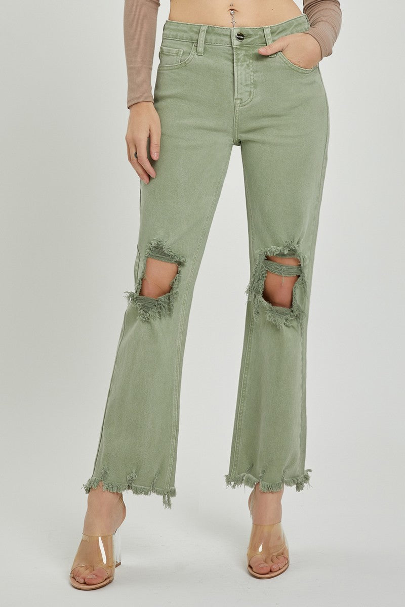 Olive High Rise Distressed Pants