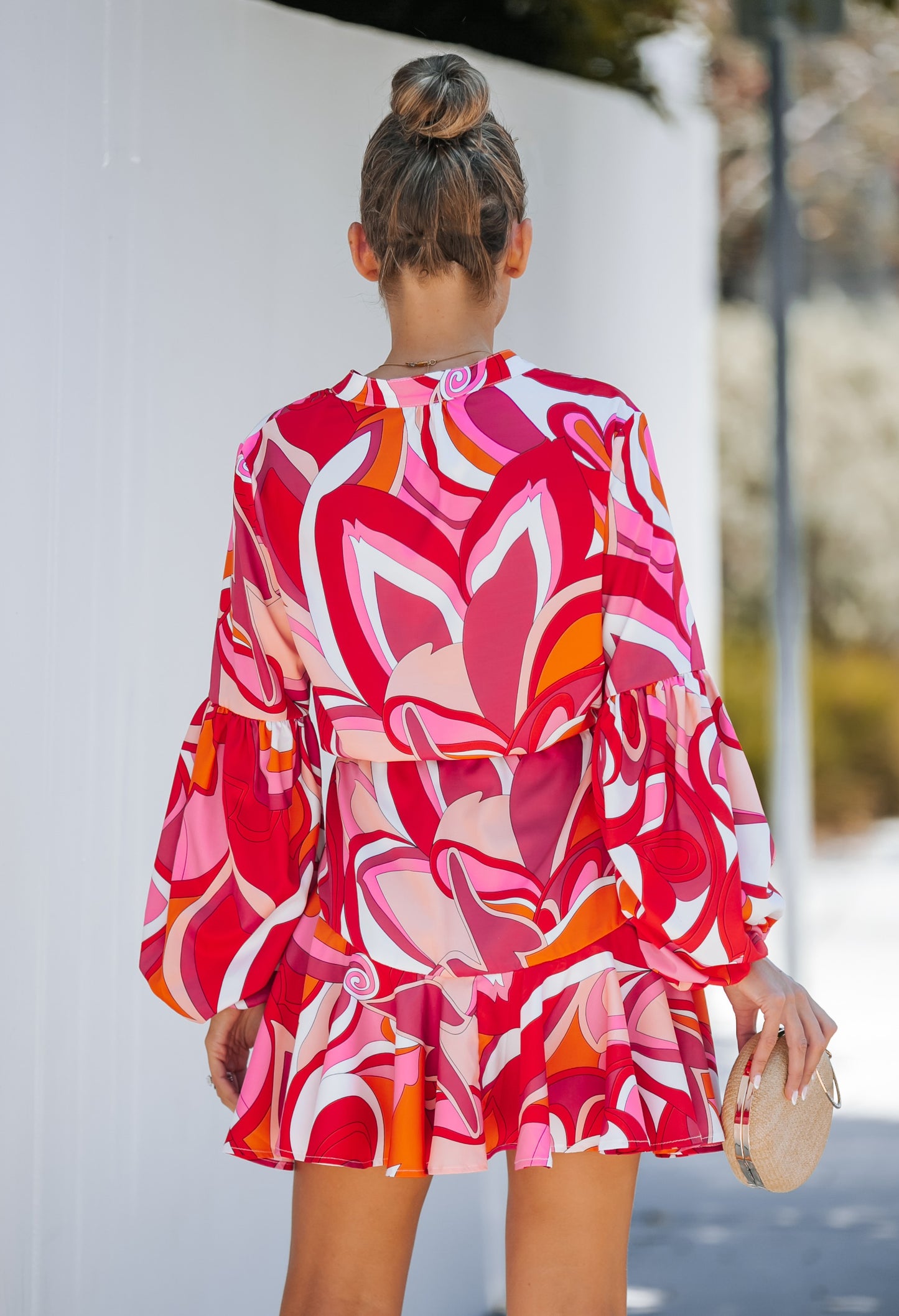 Viva Magenta Printed Balloon Sleeve Dress