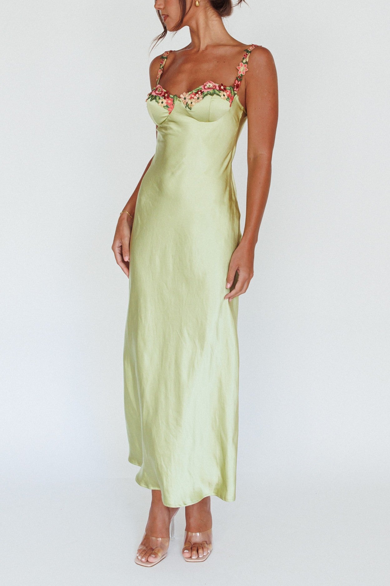 Romance Floral Lime Green Satin Maxi Dress