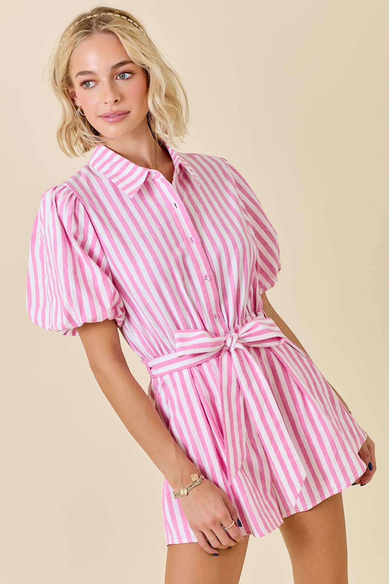Pink Striped Collared Romper