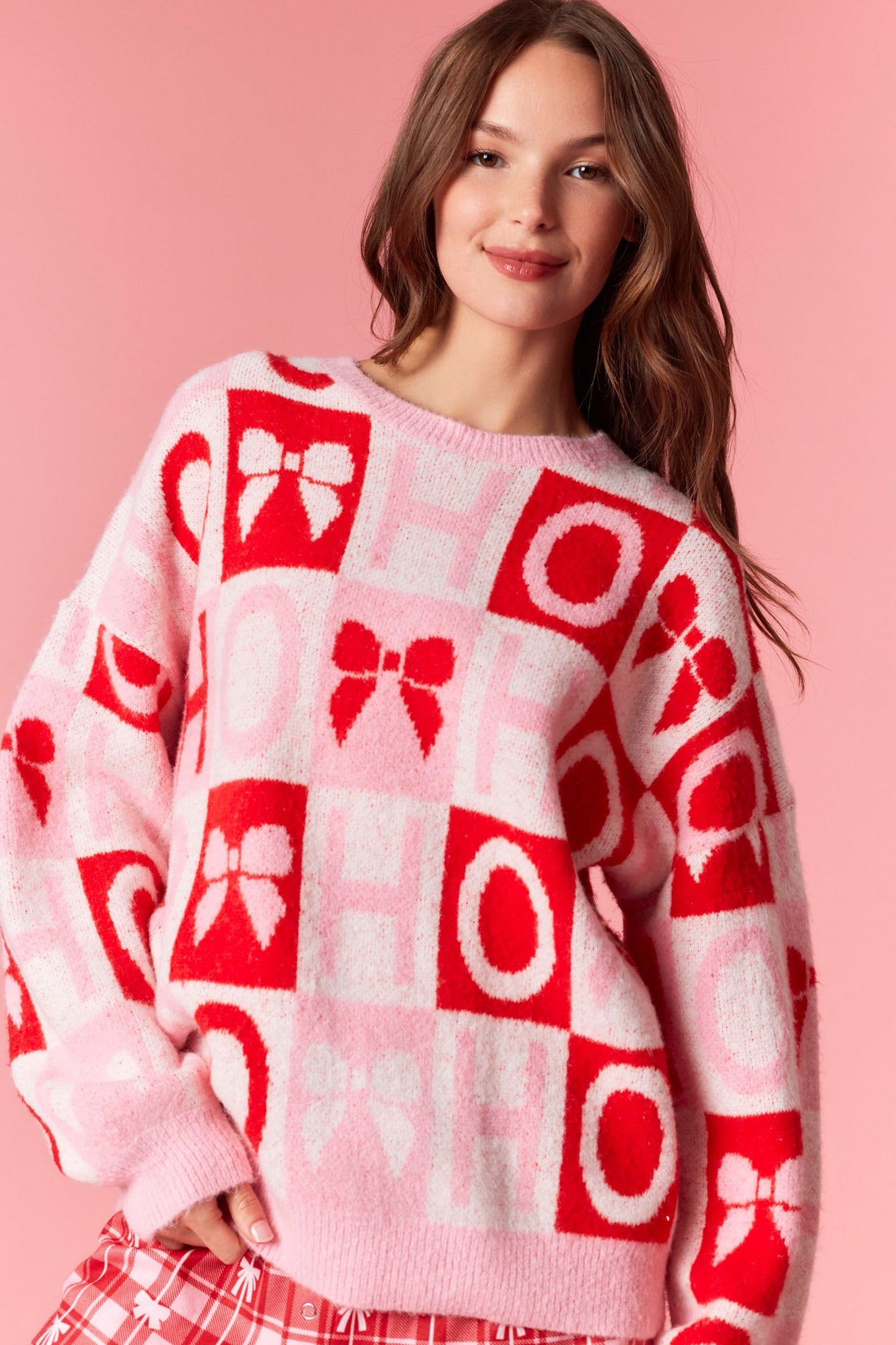 Pink Bow Checker Print Sweater