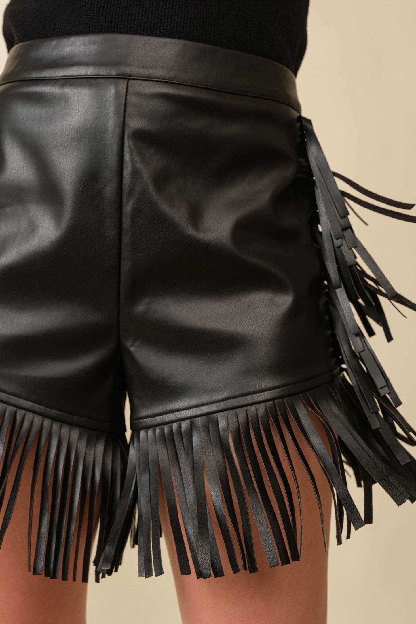 Hold My Own Black Fringe Leather Shorts