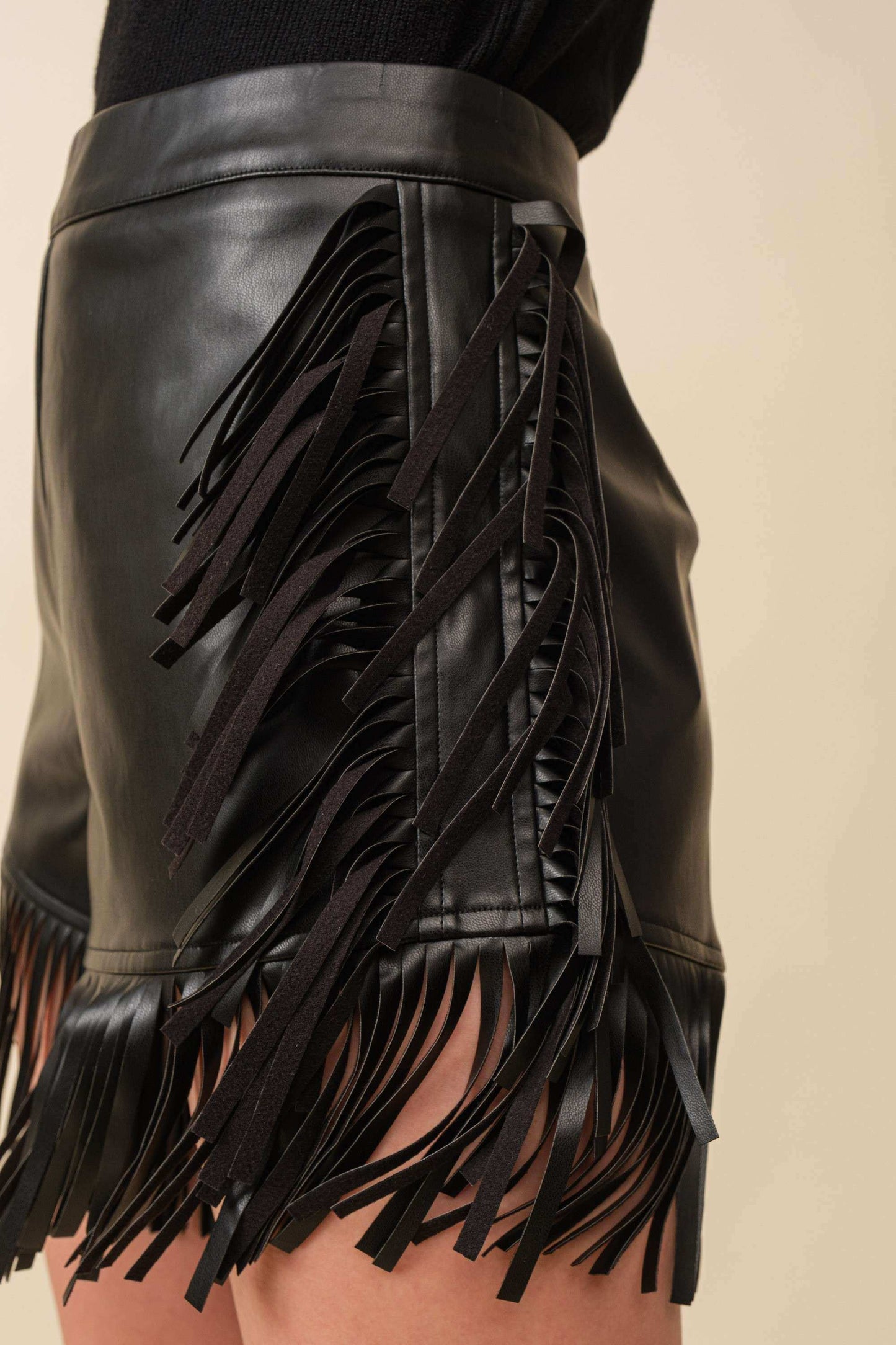 Hold My Own Black Fringe Leather Shorts