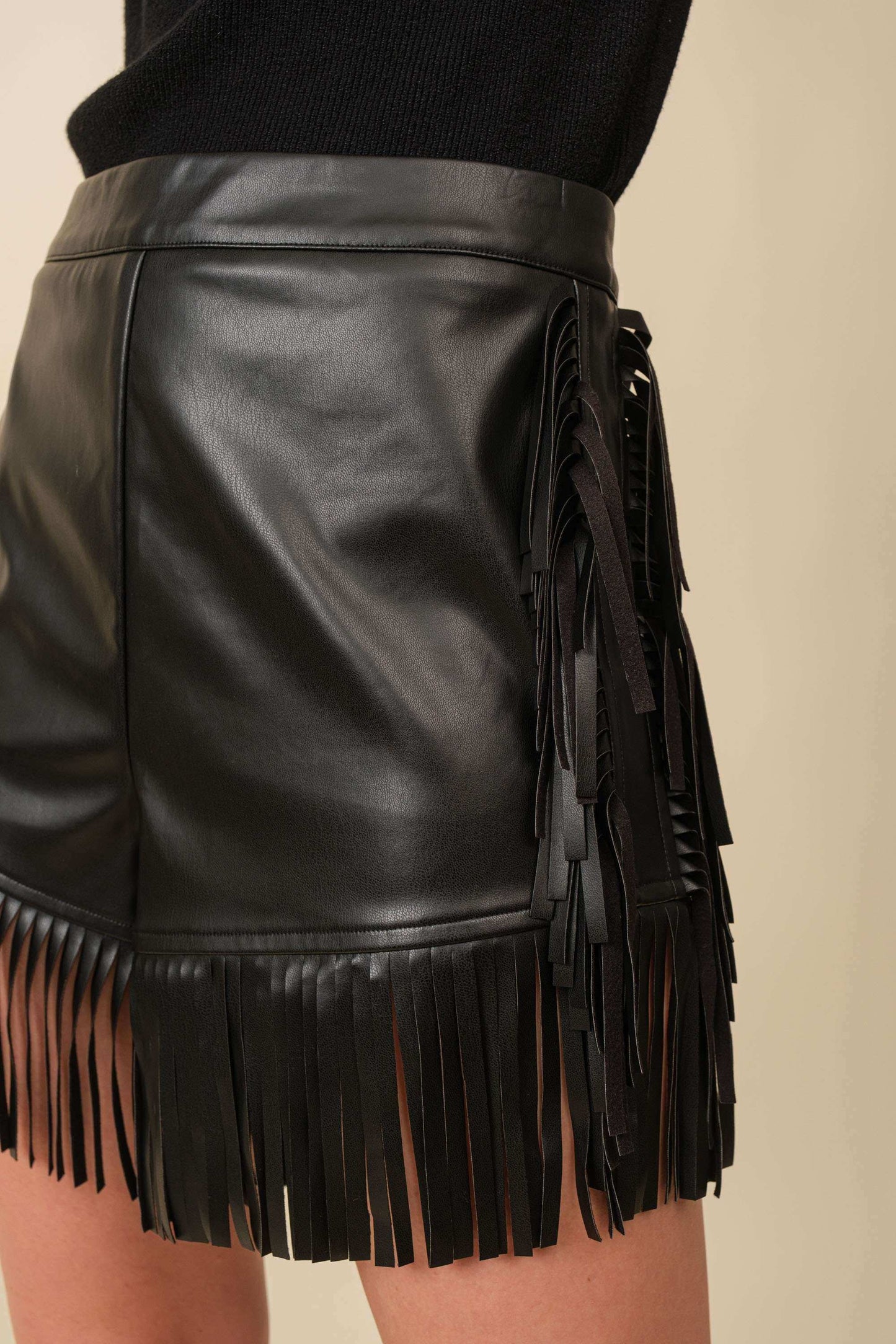 Hold My Own Black Fringe Leather Shorts