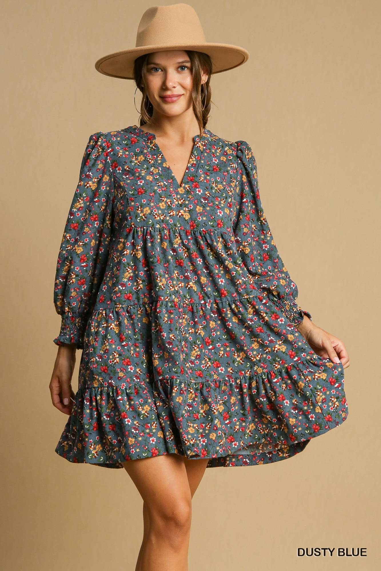 Blue Floral Corduroy Dress