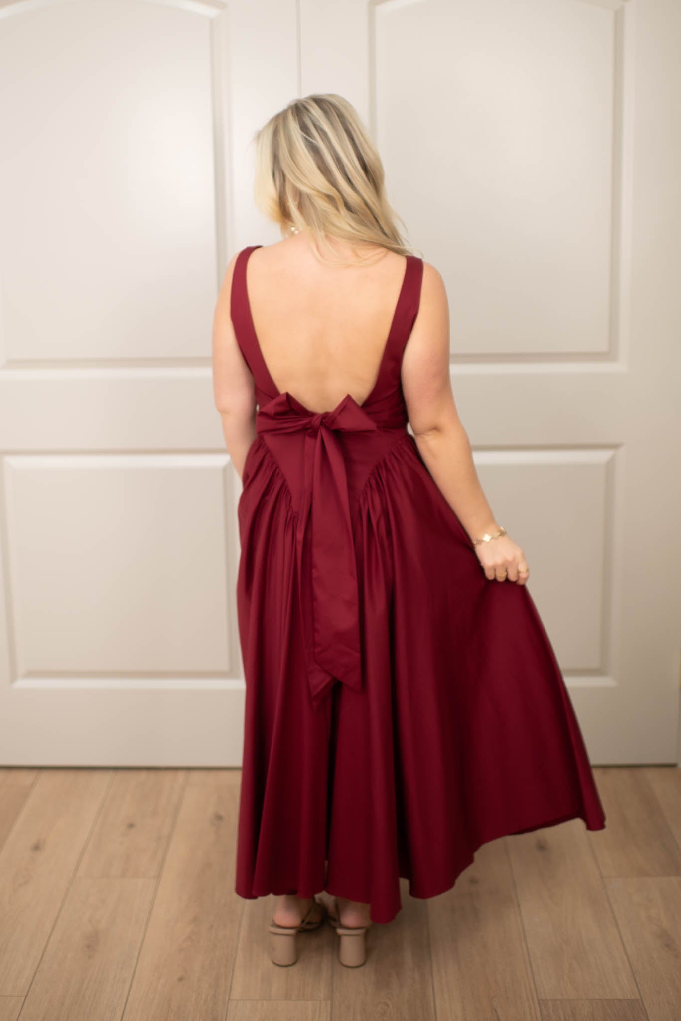 Wine Evening Elegance Midi Dress W/Back Bow