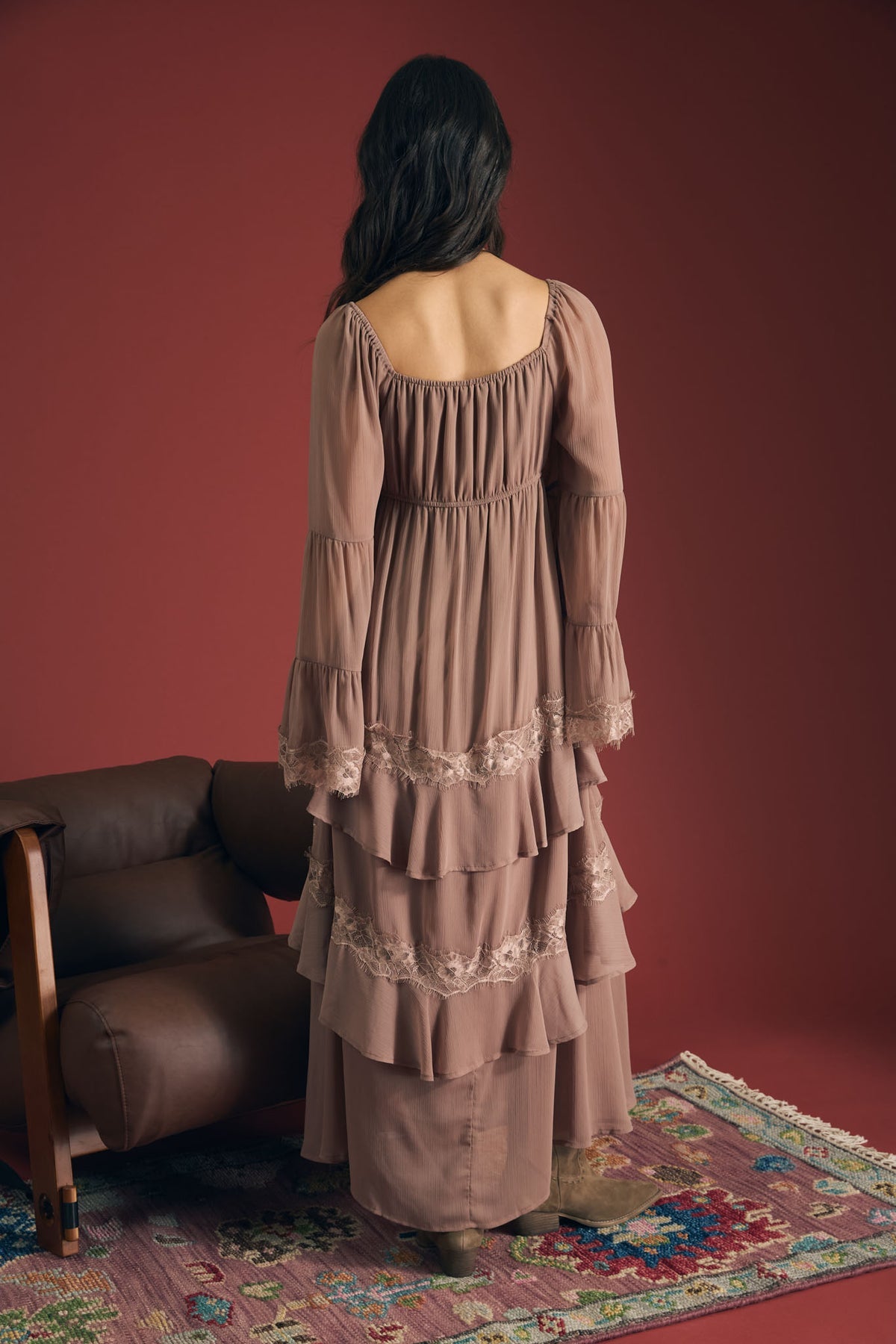 Vintage Mocha Lace Midi Dress