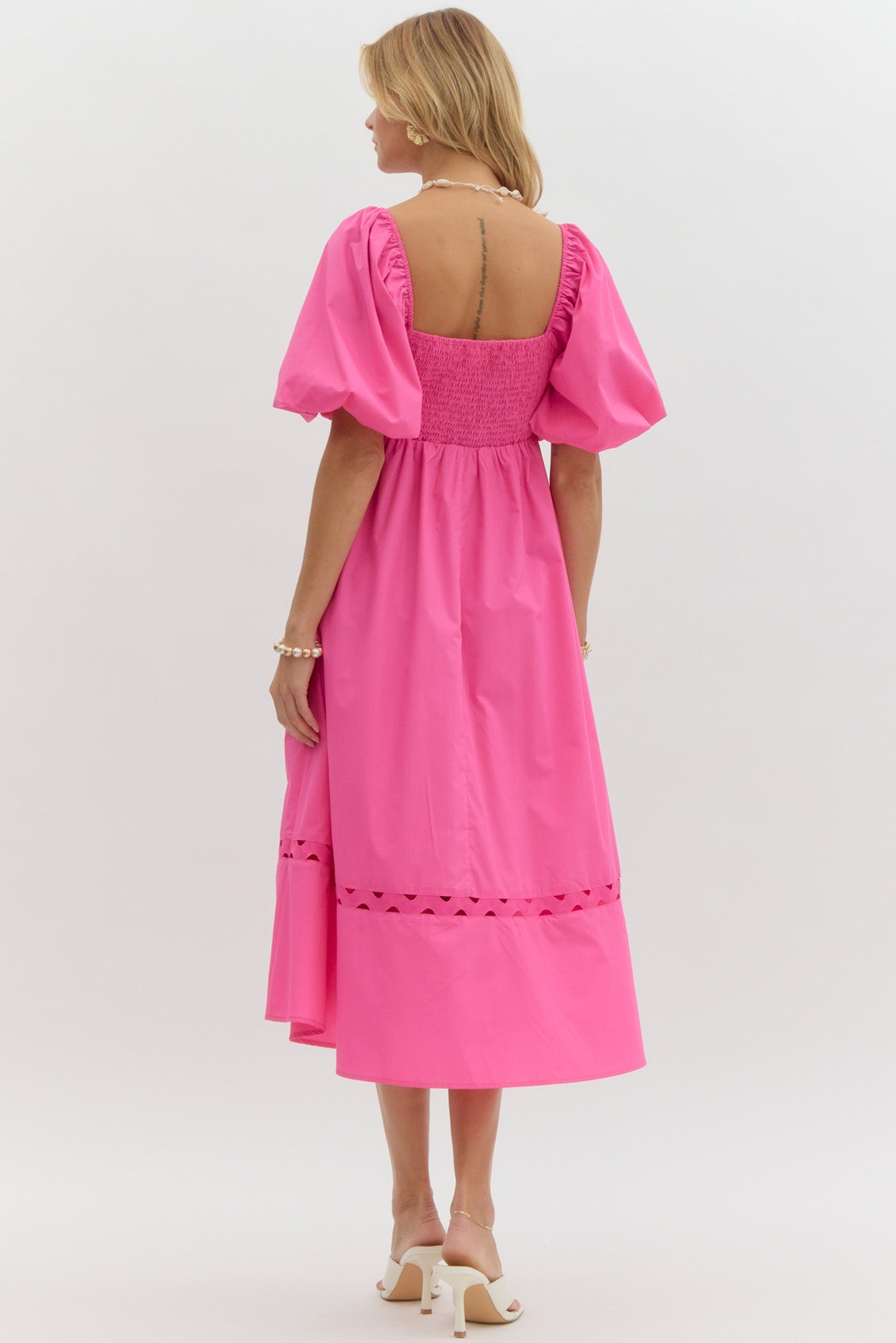 Pink Puff Sleeve Midi Dress