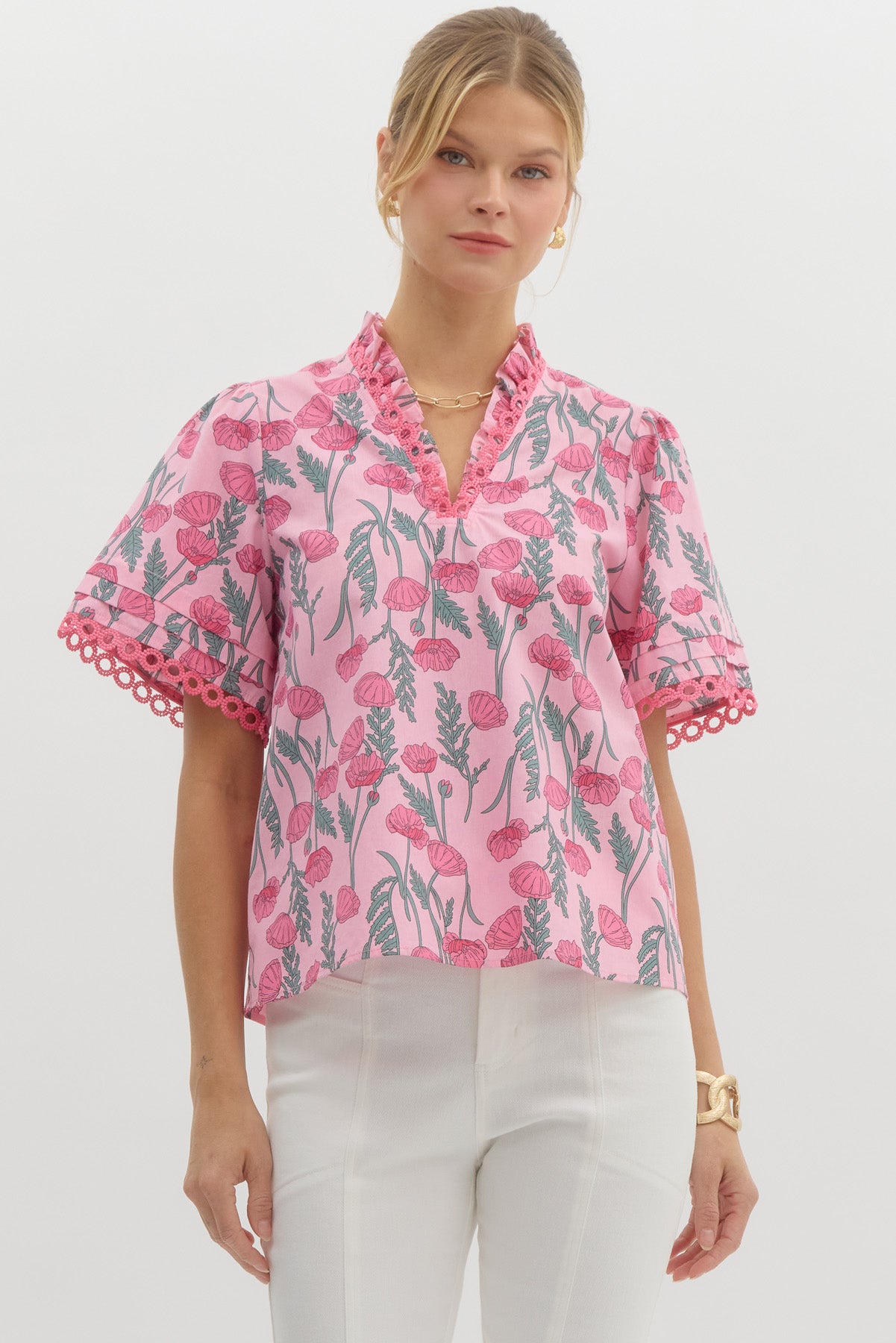 Pink Floral V Neck Top
