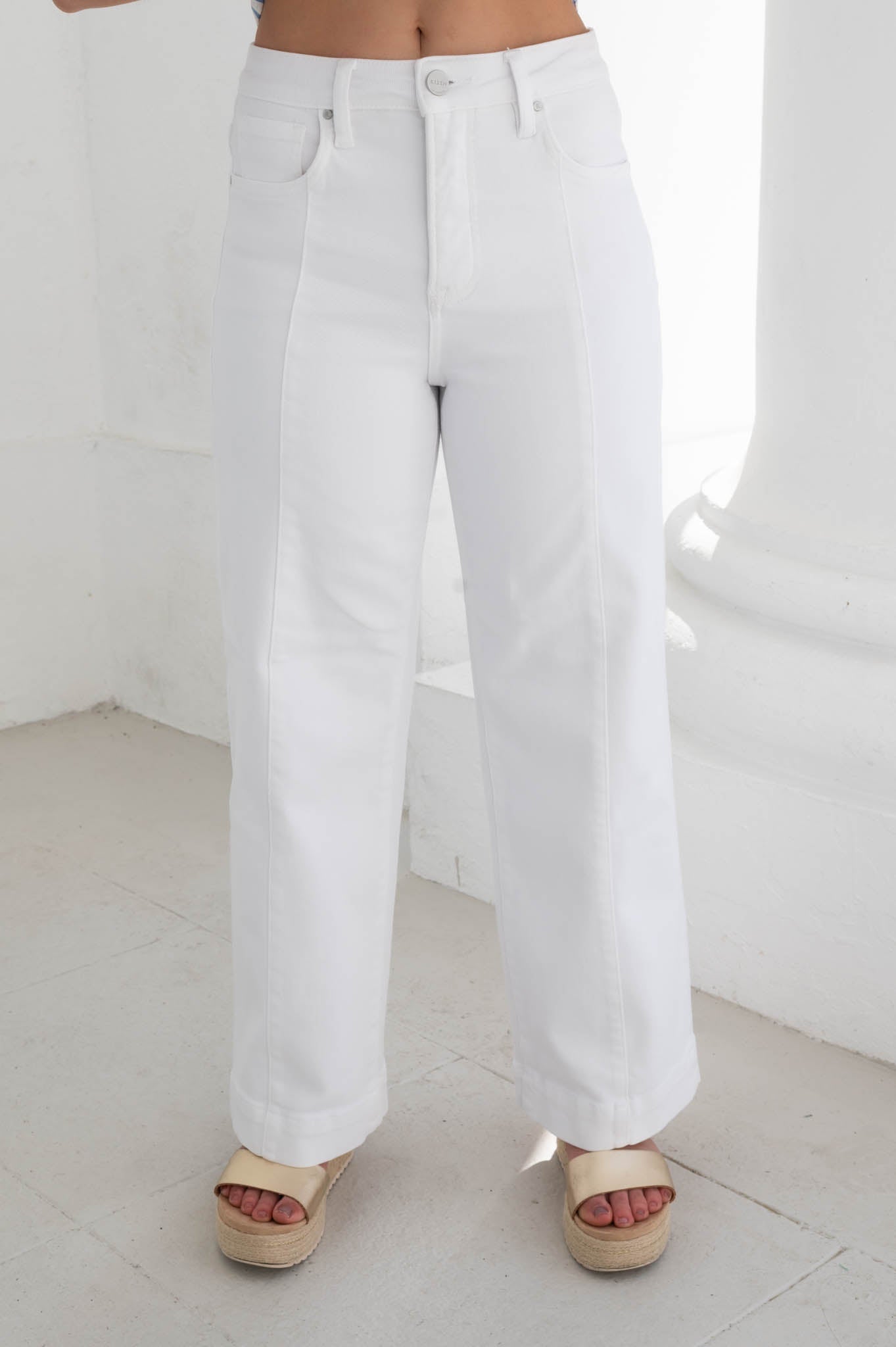 Risen White Tummy Control High Rise Wide Pants