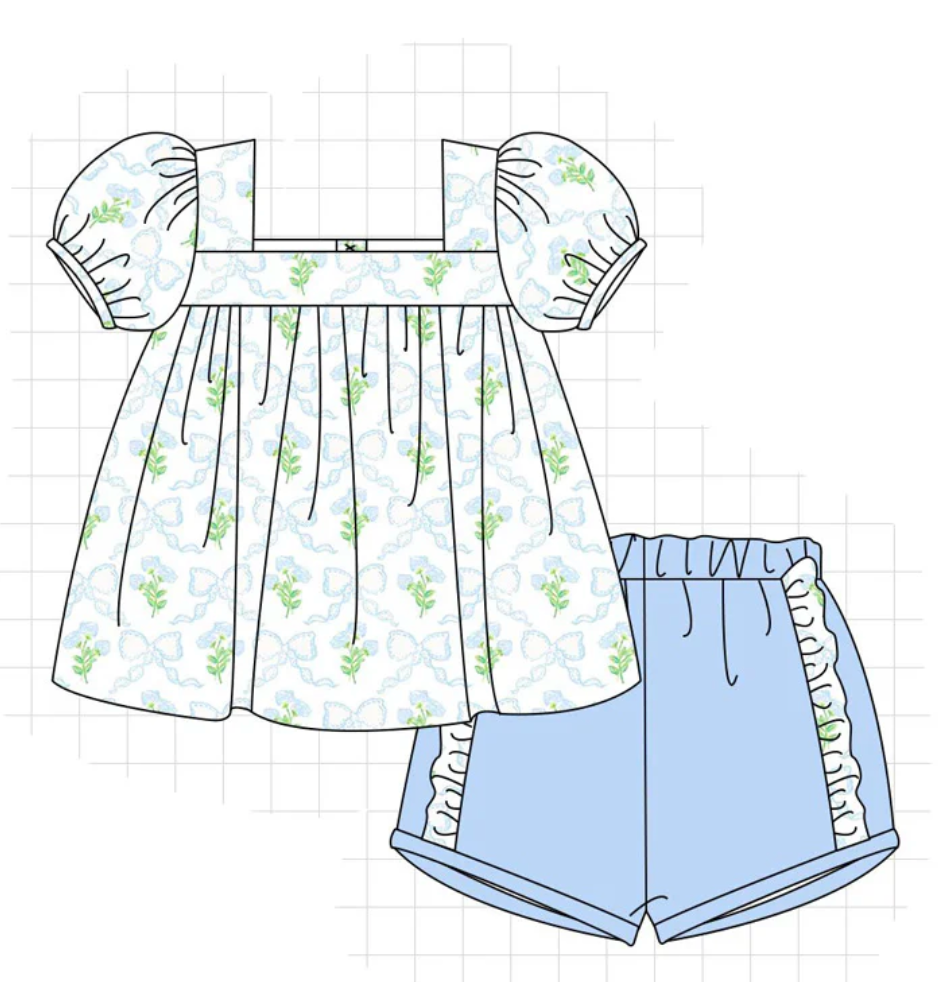 Green/Blue Floral Bow Shorts Set