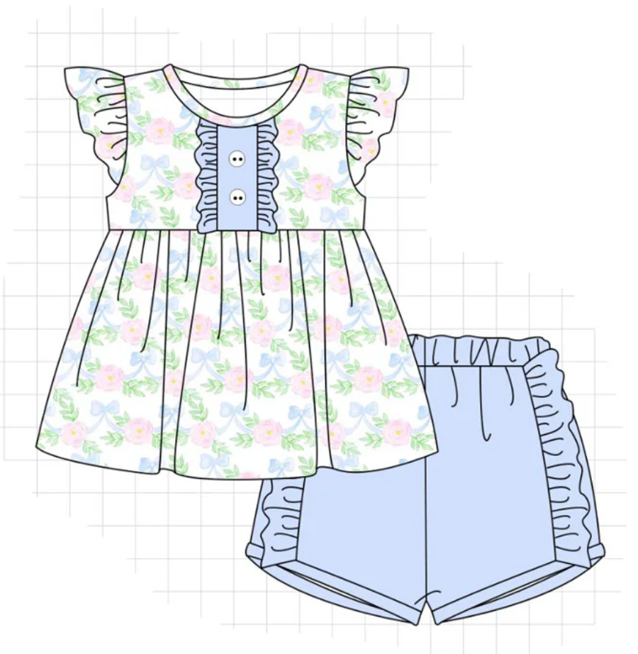 Blue/Pink Floral Shorts Set