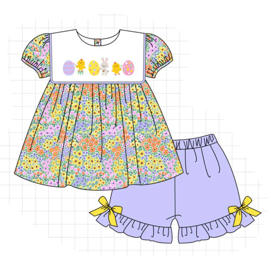 Purple Easter Embroidered Shorts Set