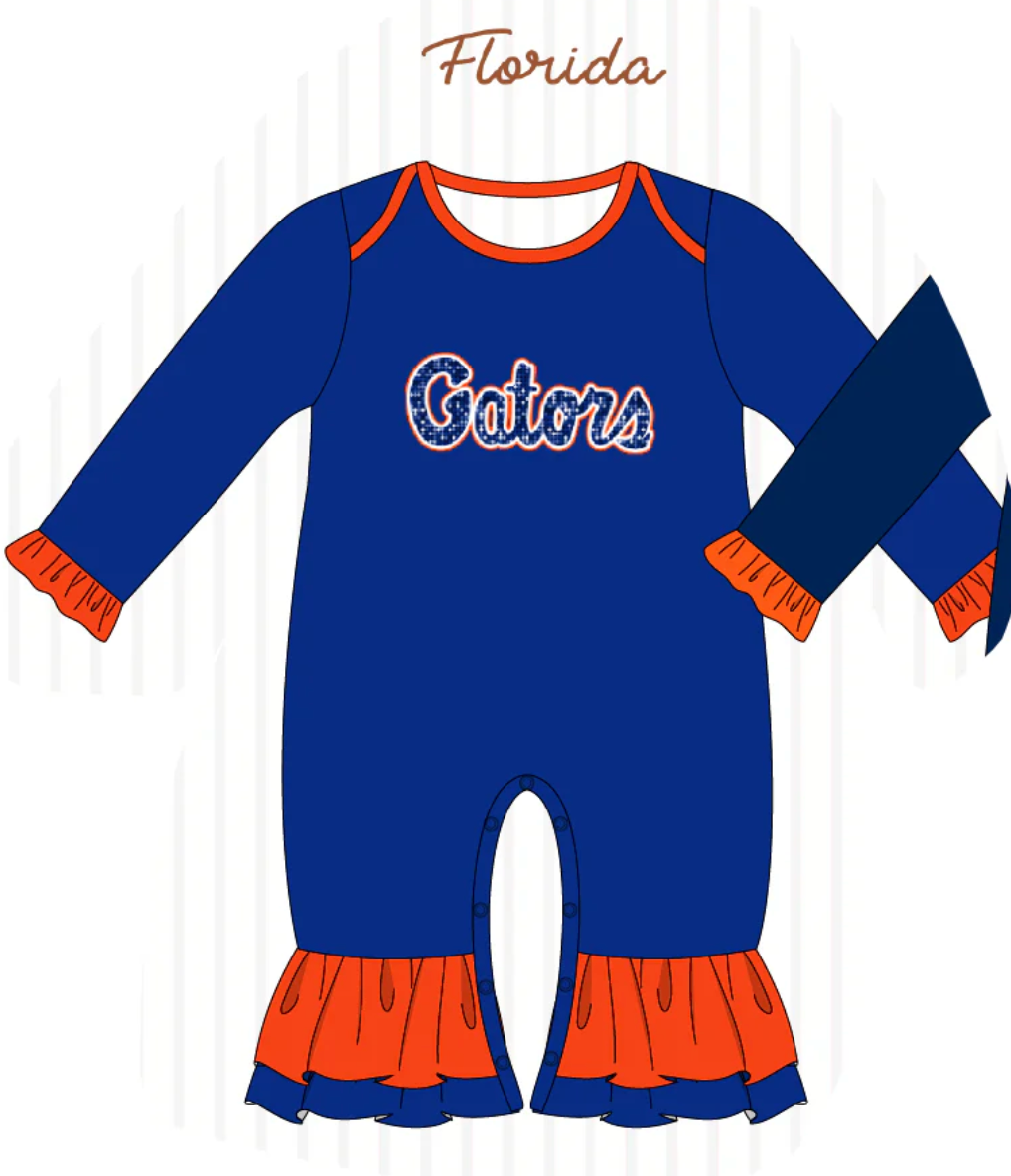 Blue/Orange Football Glitter Girl Romper