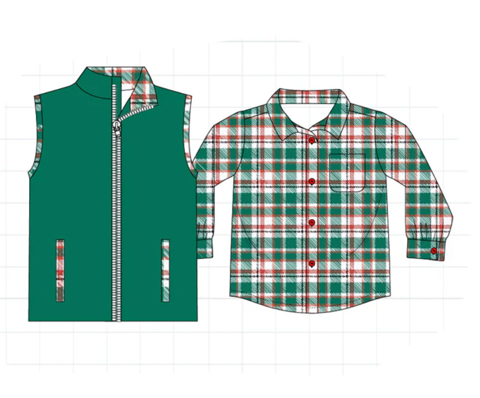 Green/Red Plaid Button Down W/Vest