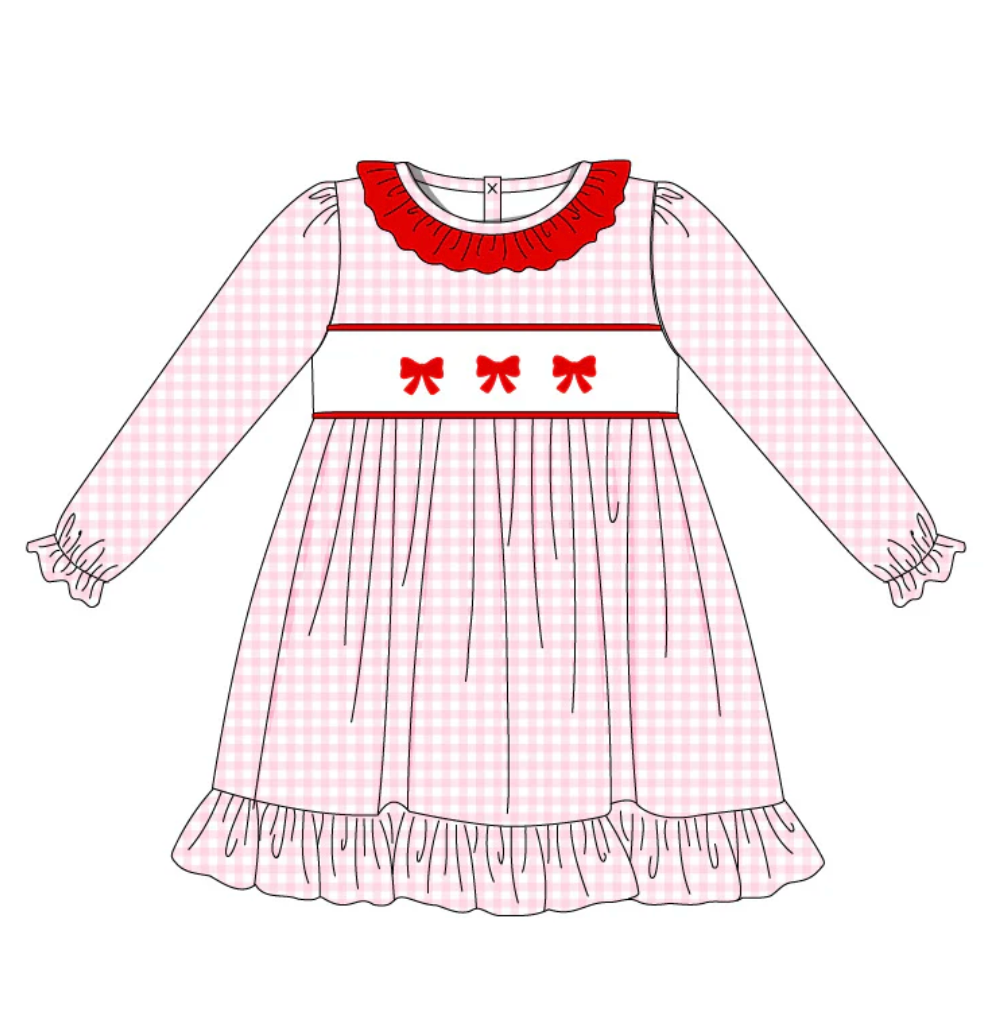 Pink Checkered Embroidered Bows Dress