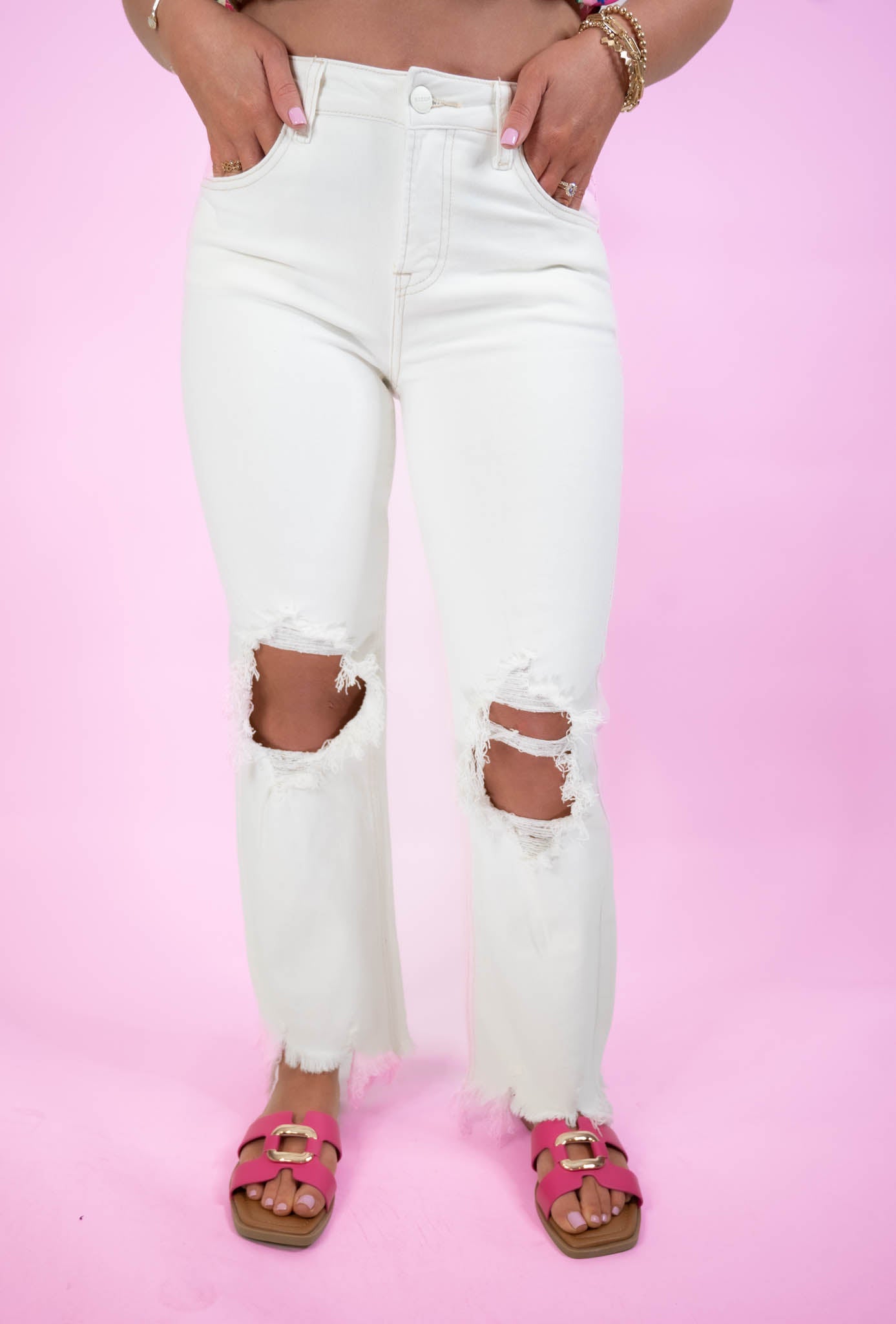 Off White High Rise Distressed Pants