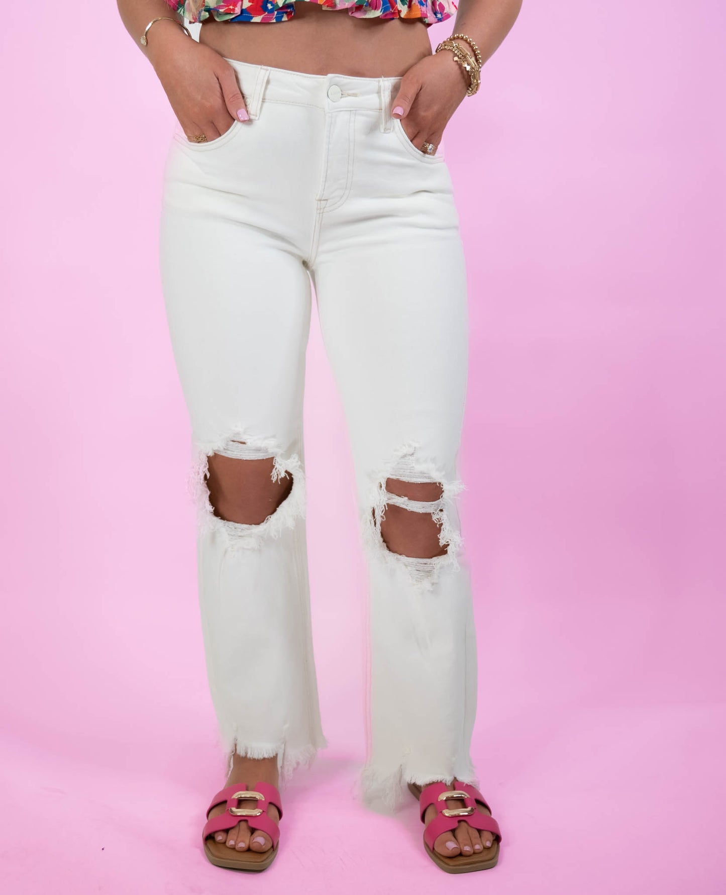 Off White High Rise Distressed Pants