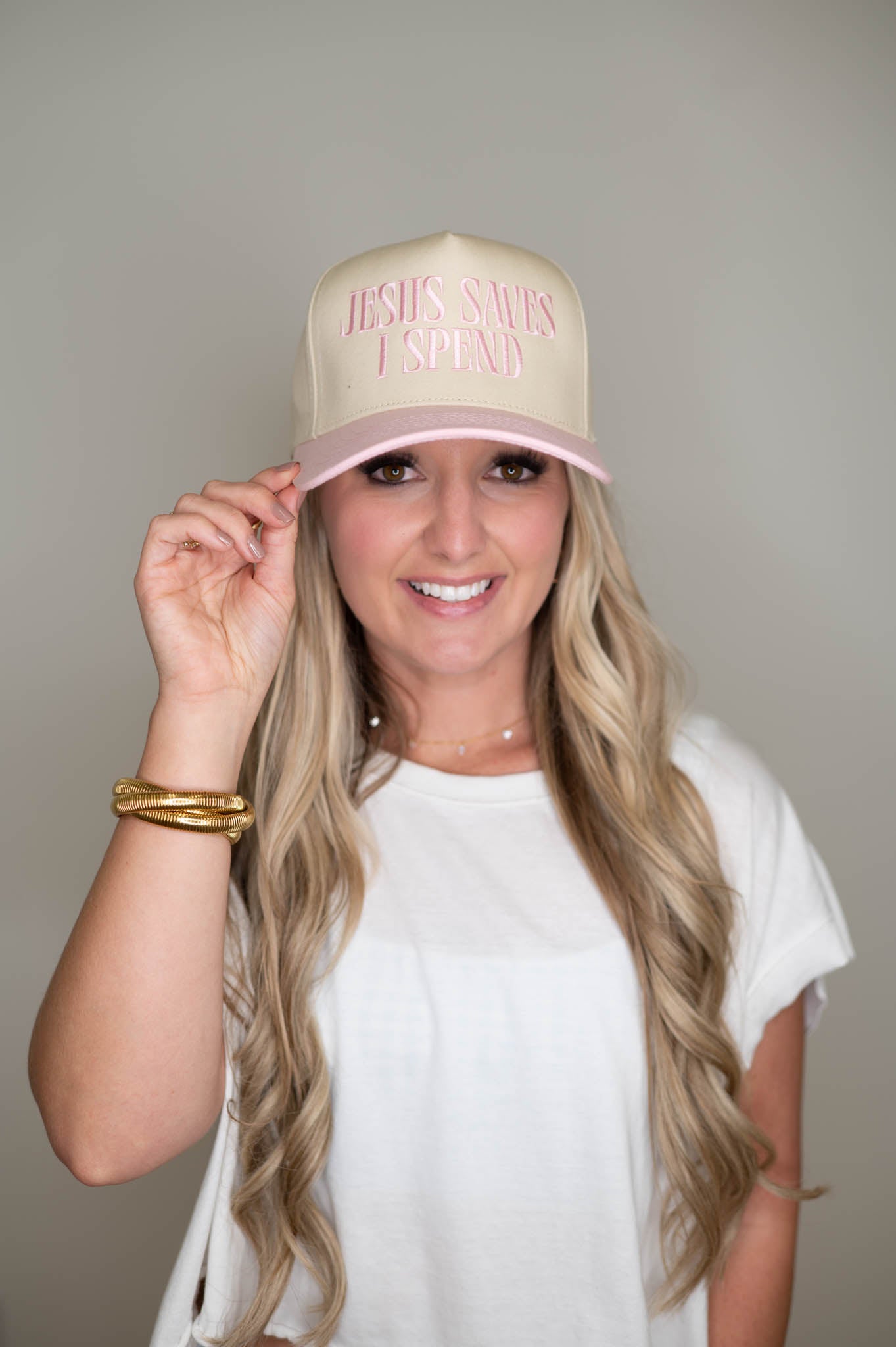 Jesus Saves I Spend Light Pink Embroidered Hat