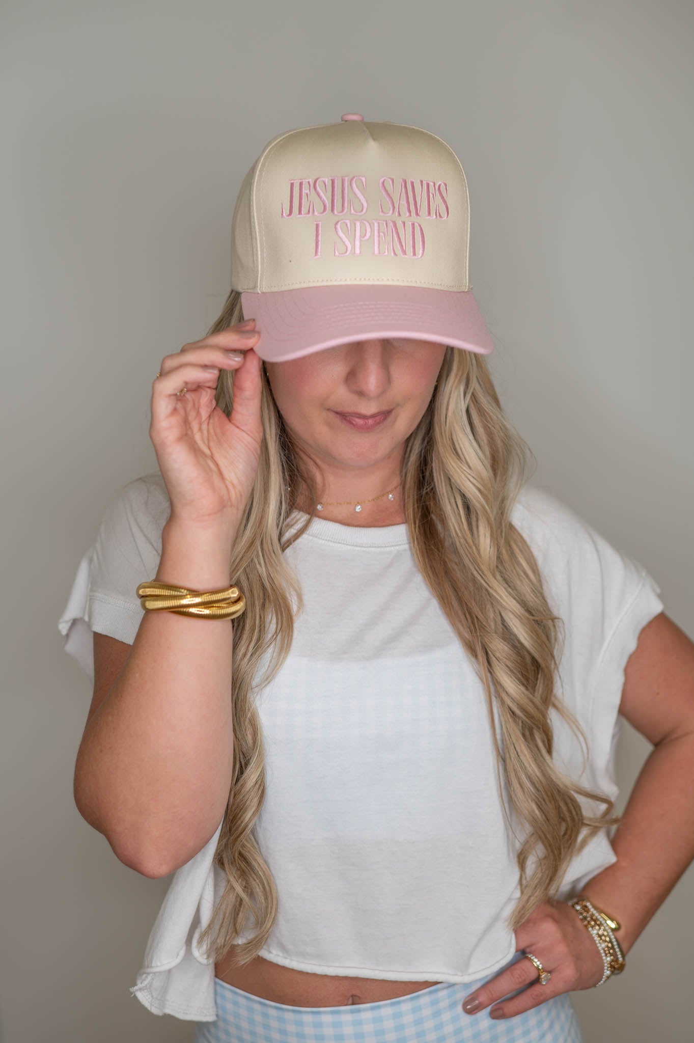 Jesus Saves I Spend Light Pink Embroidered Hat