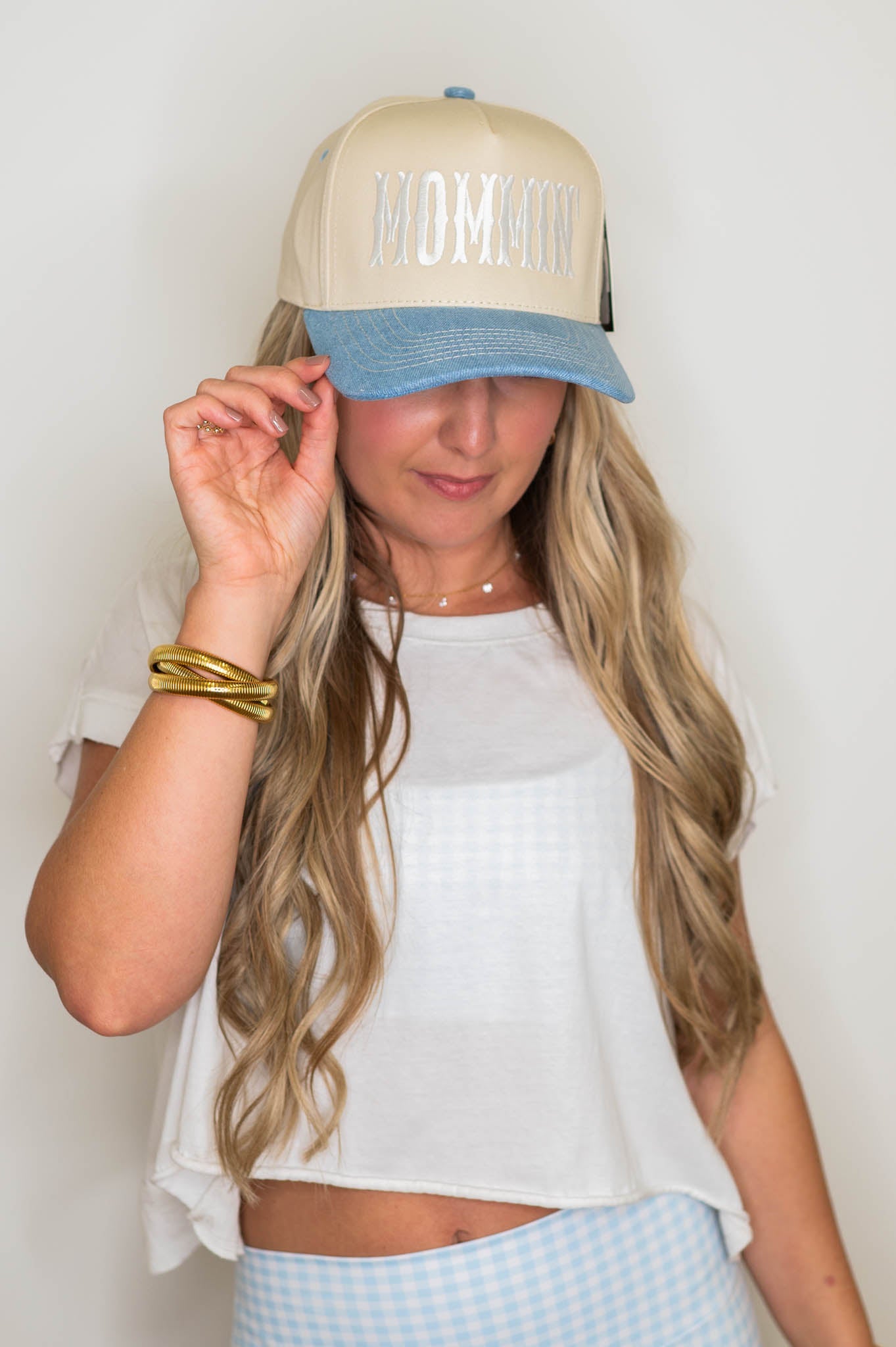 MOMMIN' Denim Embroidered Hat