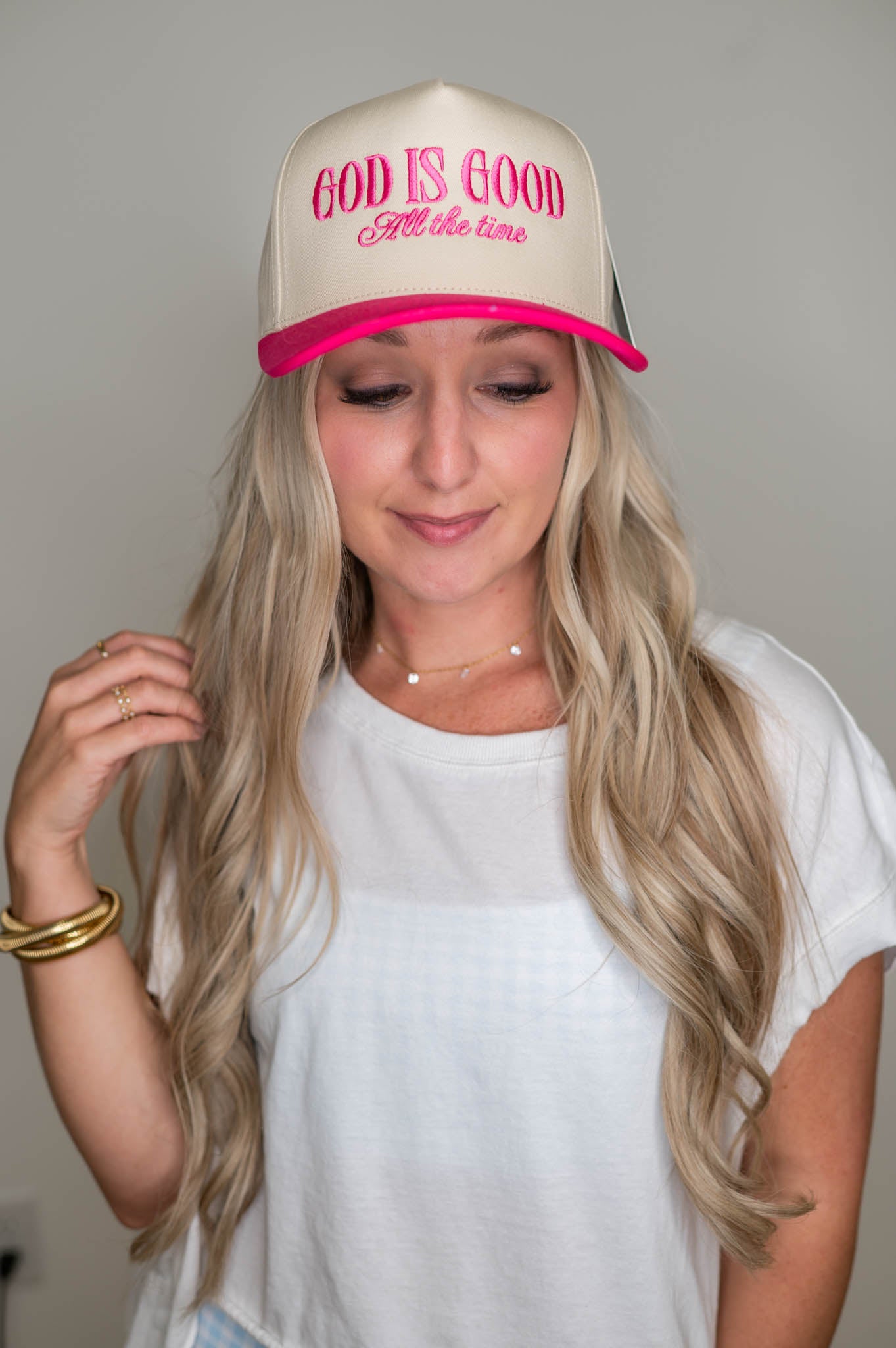 God Is Good All The Time Pink Embroidered Hat