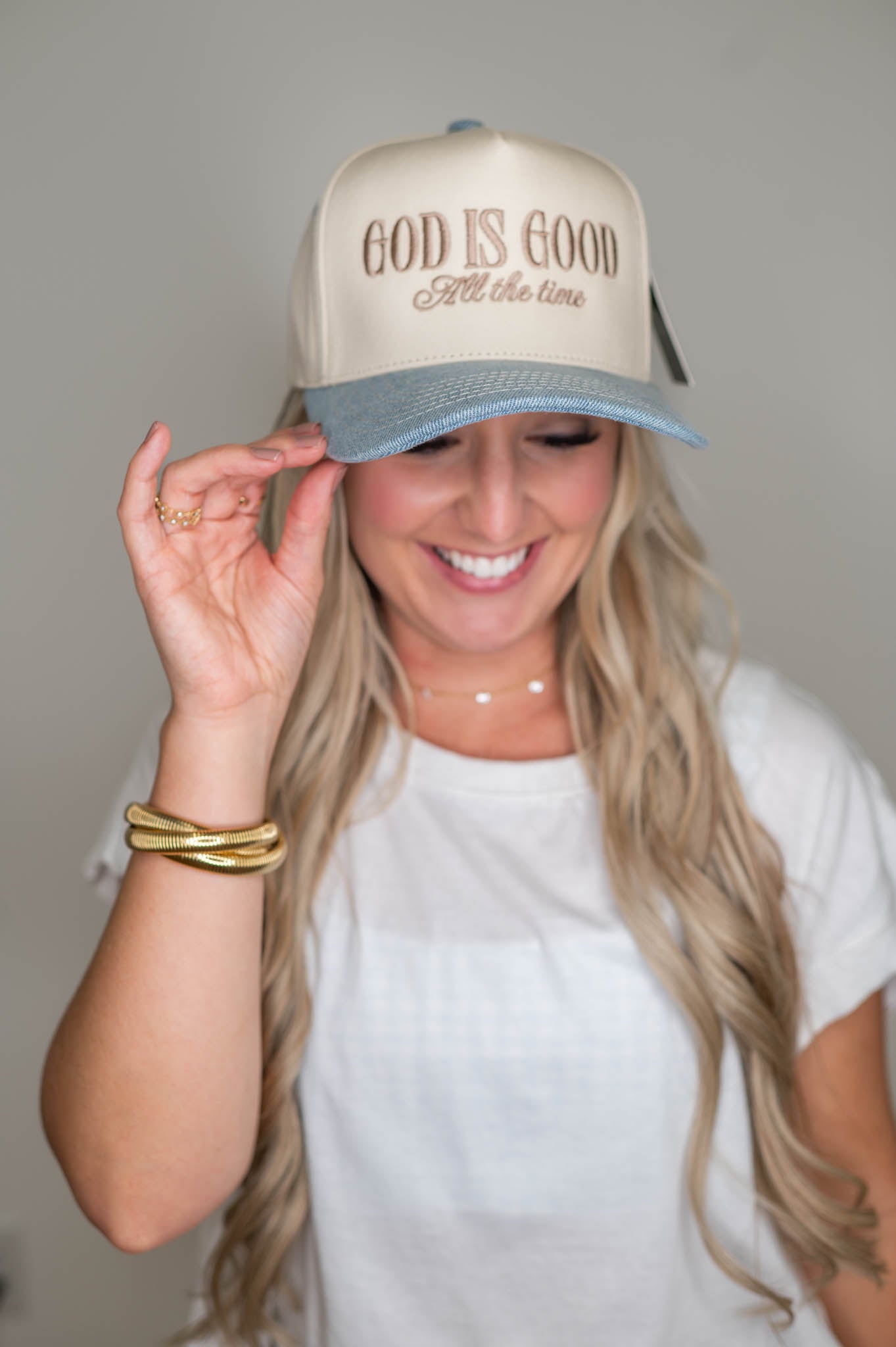 God Is Good All The Time Denim Embroidered Hat