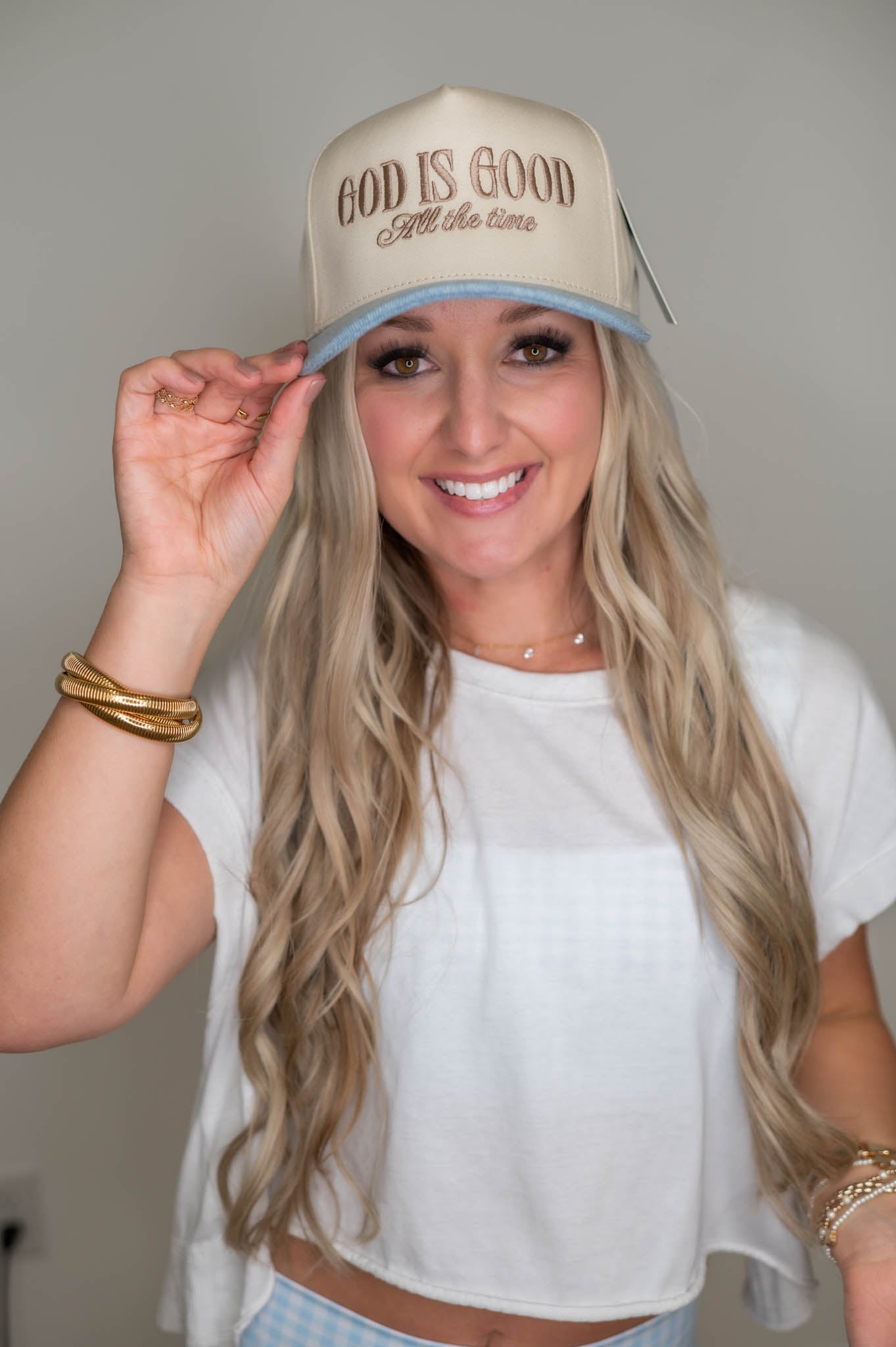 God Is Good All The Time Denim Embroidered Hat