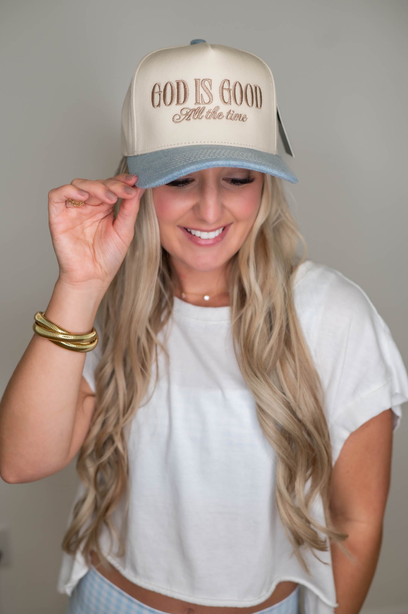 God Is Good All The Time Denim Embroidered Hat