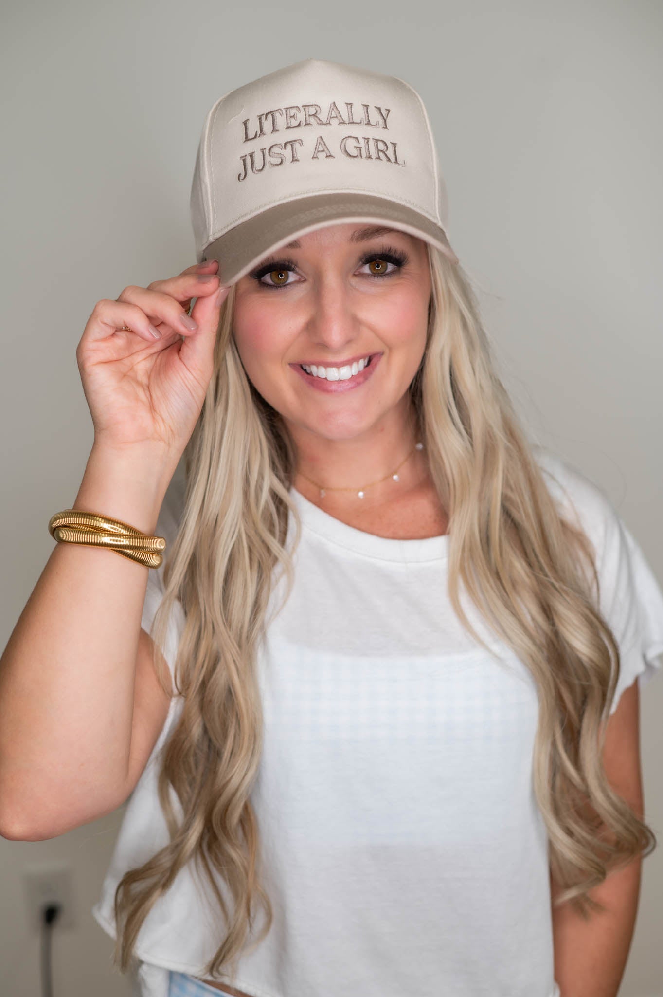 Literally Just A Girl Beige Embroidered Hat