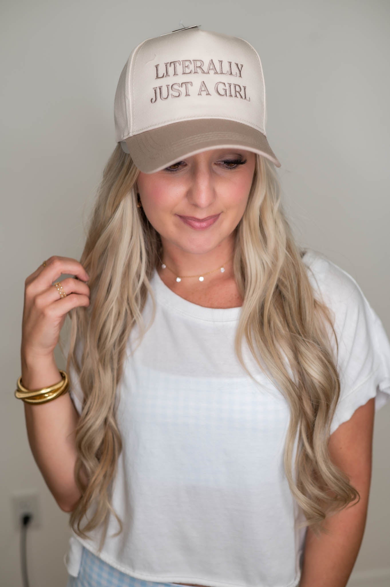Literally Just A Girl Beige Embroidered Hat