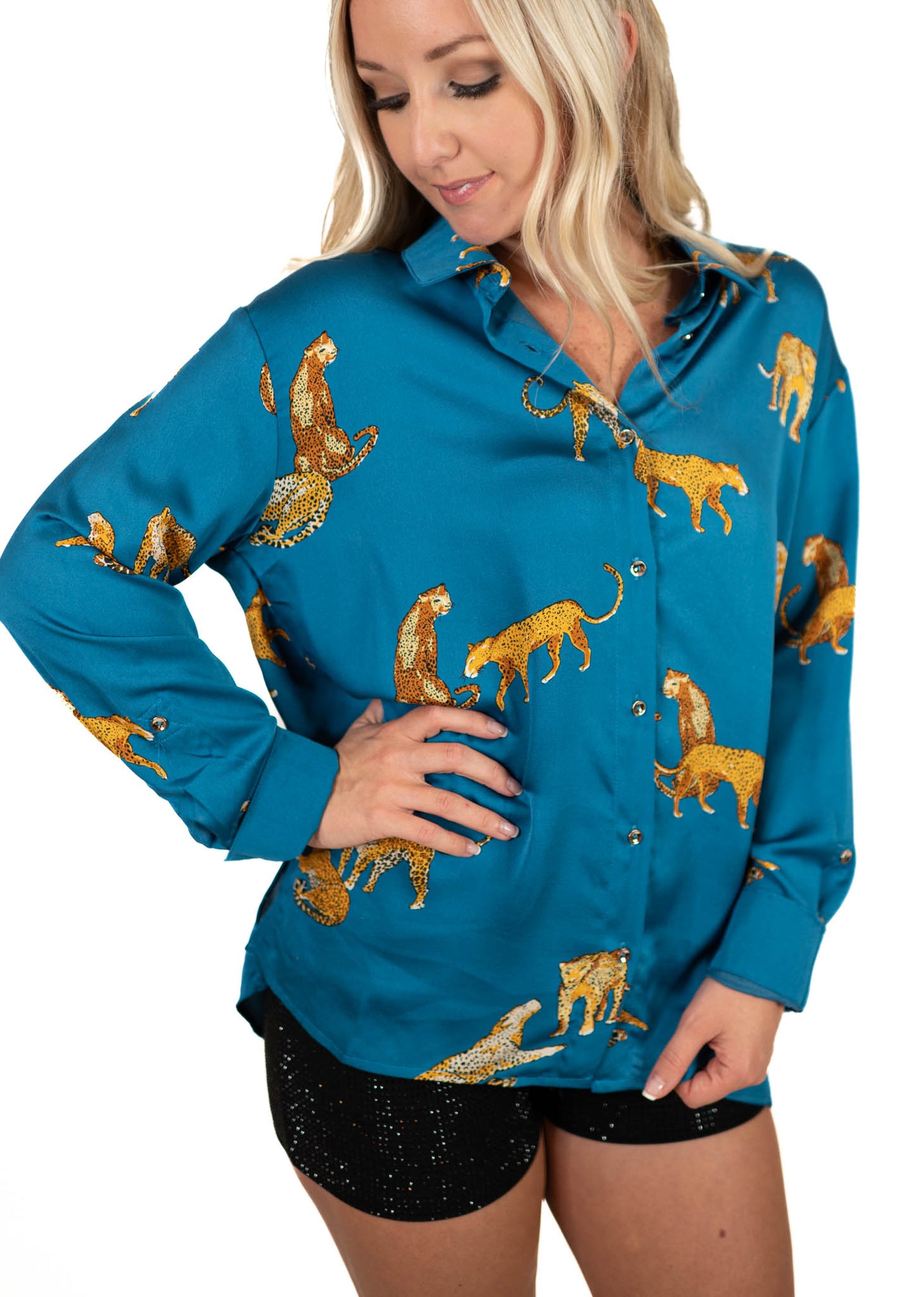 Teal Satin Animal Print Top