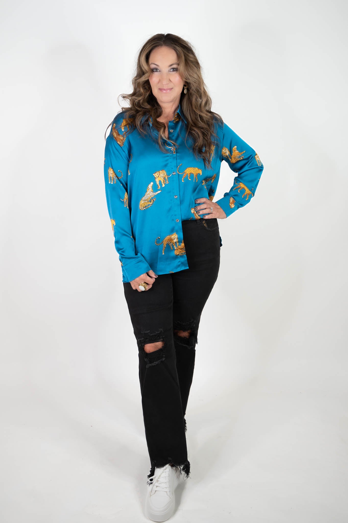 Teal Satin Animal Print Top