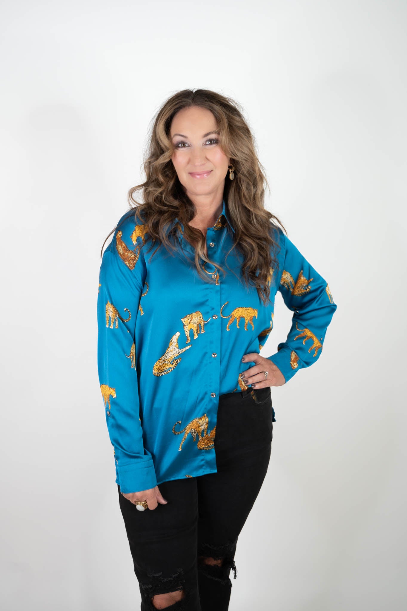 Teal Satin Animal Print Top