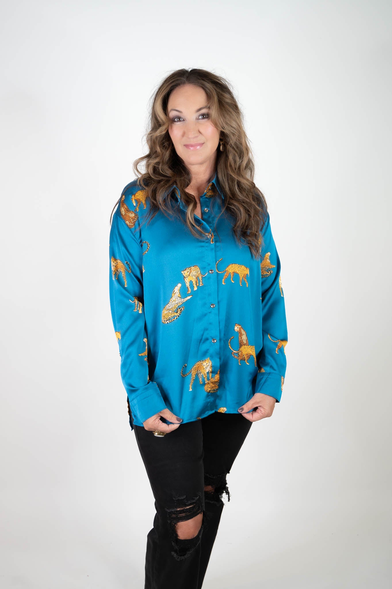 Teal Satin Animal Print Top