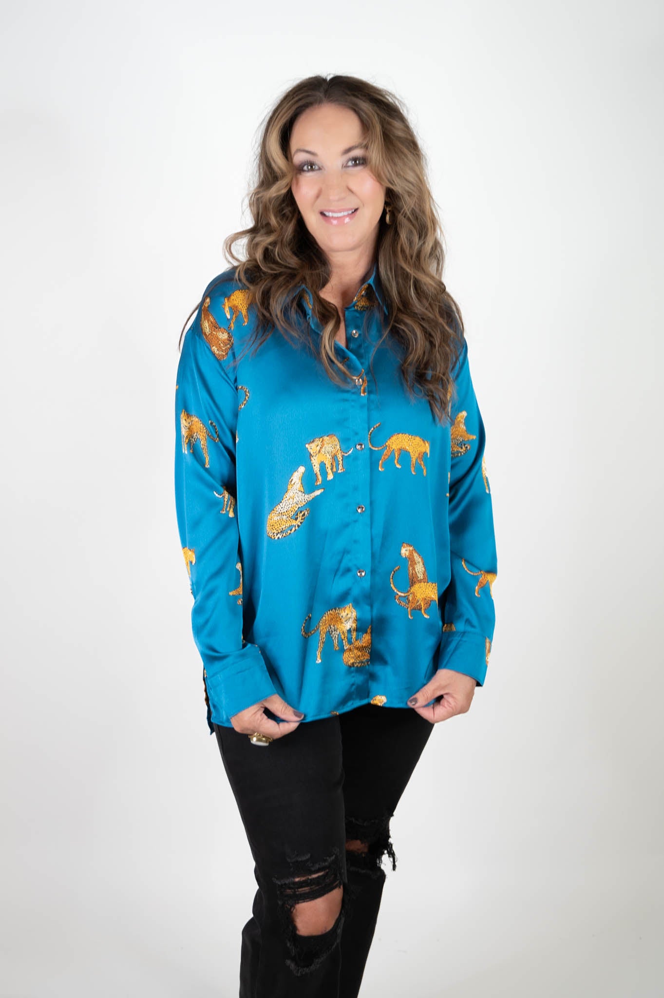 Teal Satin Animal Print Top
