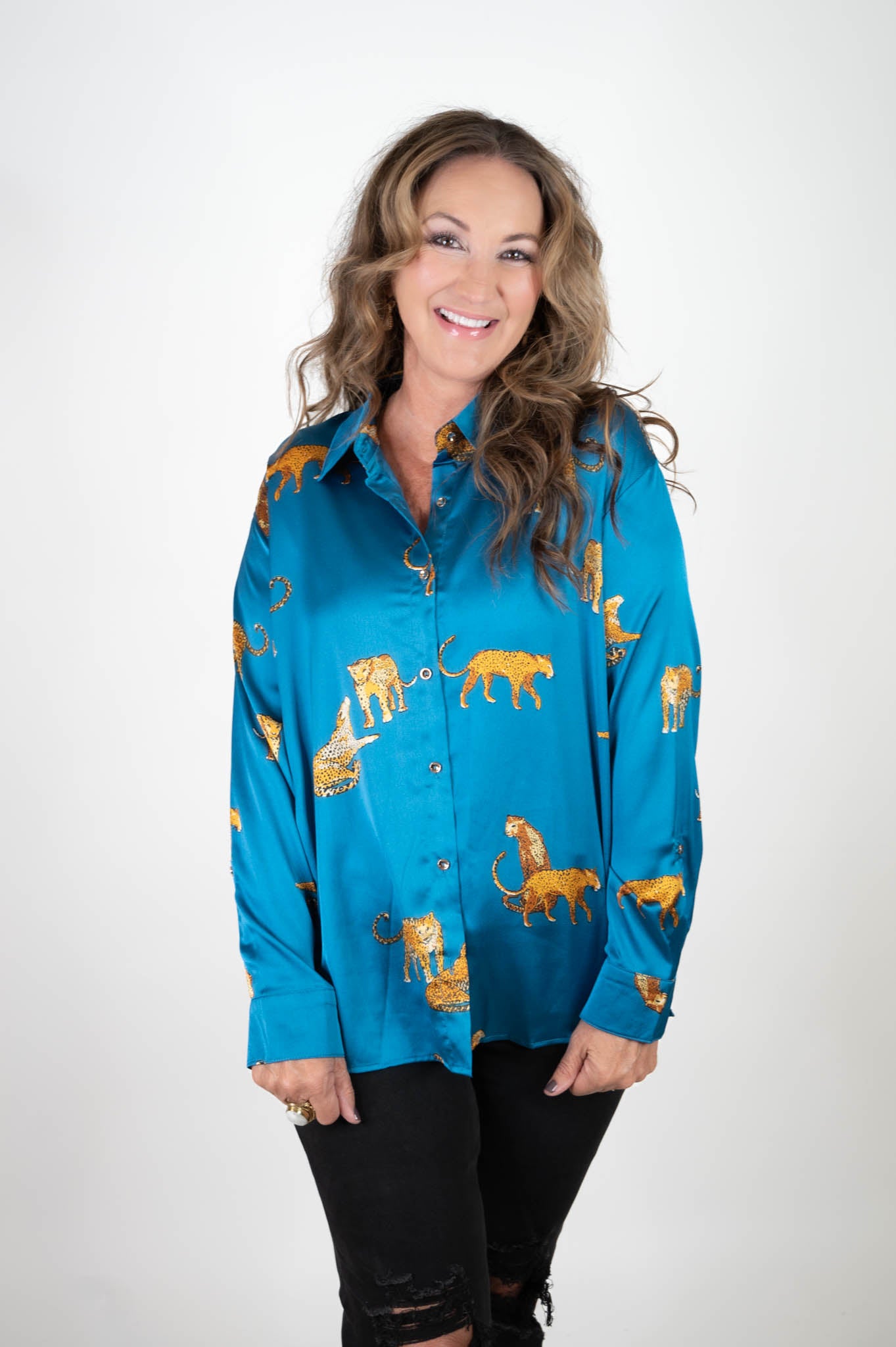 Teal Satin Animal Print Top