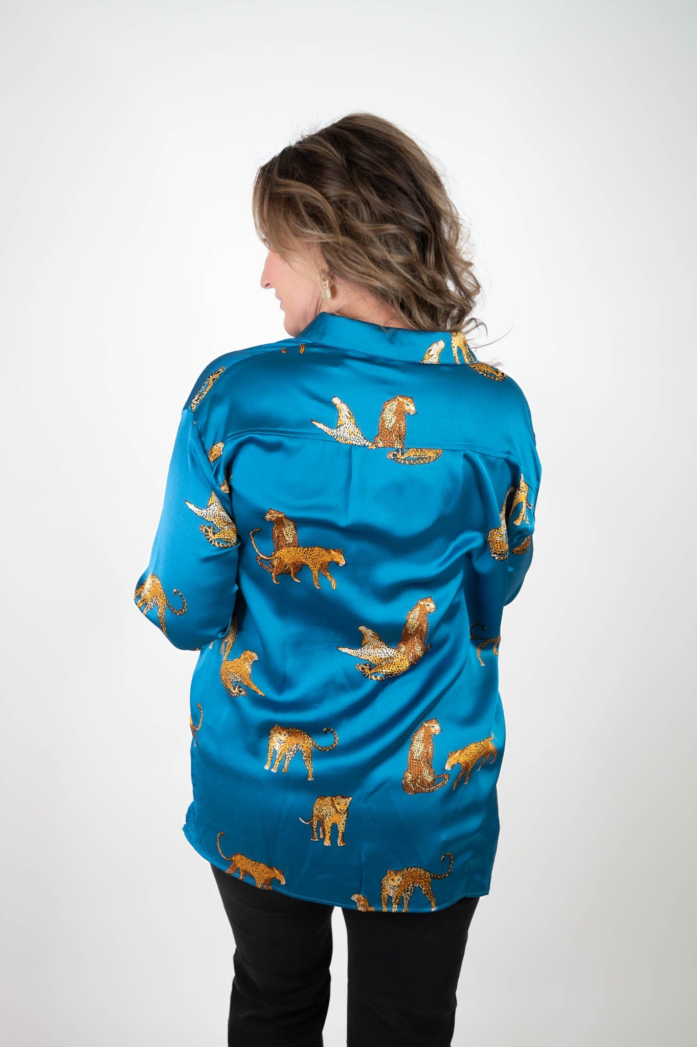 Teal Satin Animal Print Top