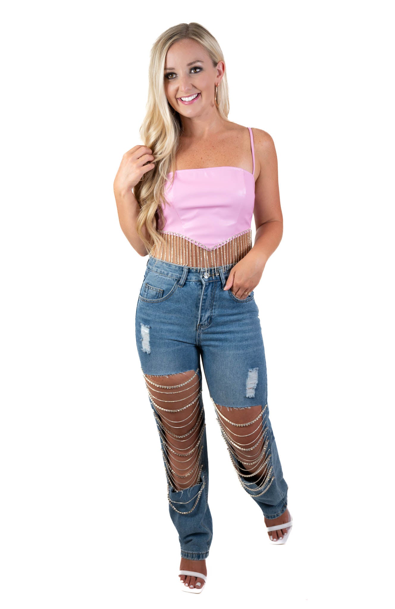 Pink Faux Leather Rhinestone Top