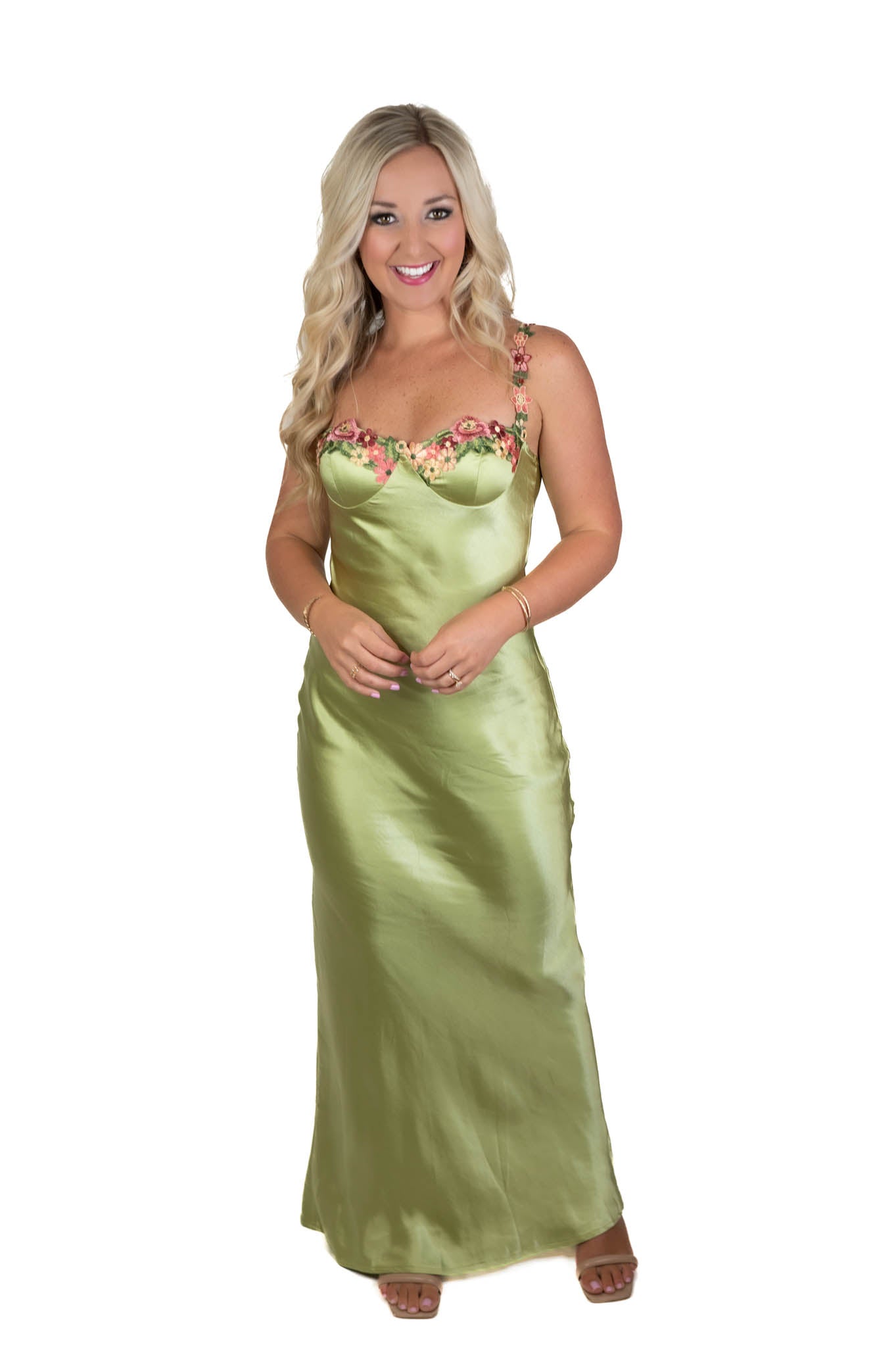 Romance Floral Lime Green Satin Maxi Dress