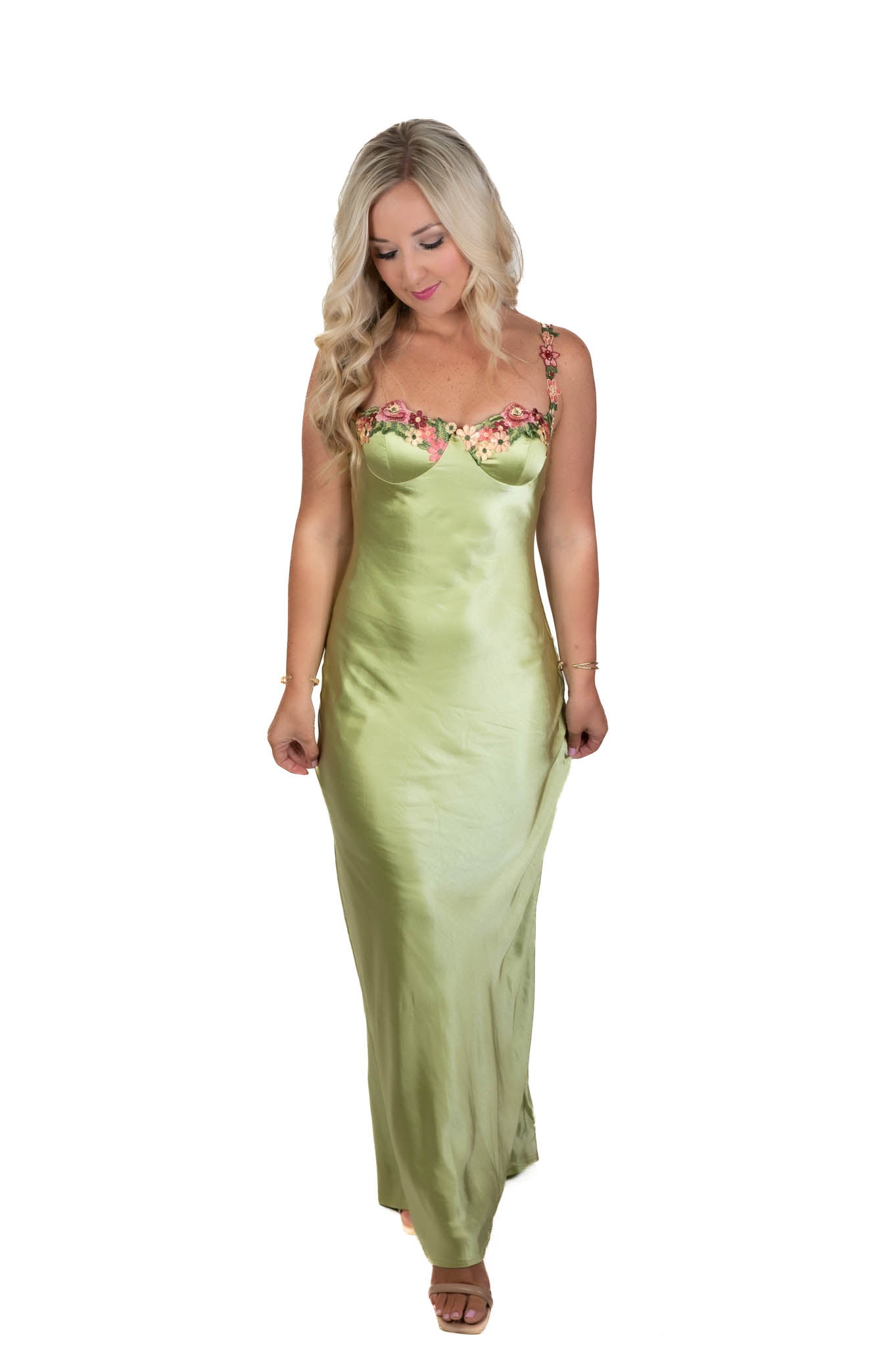 Romance Floral Lime Green Satin Maxi Dress