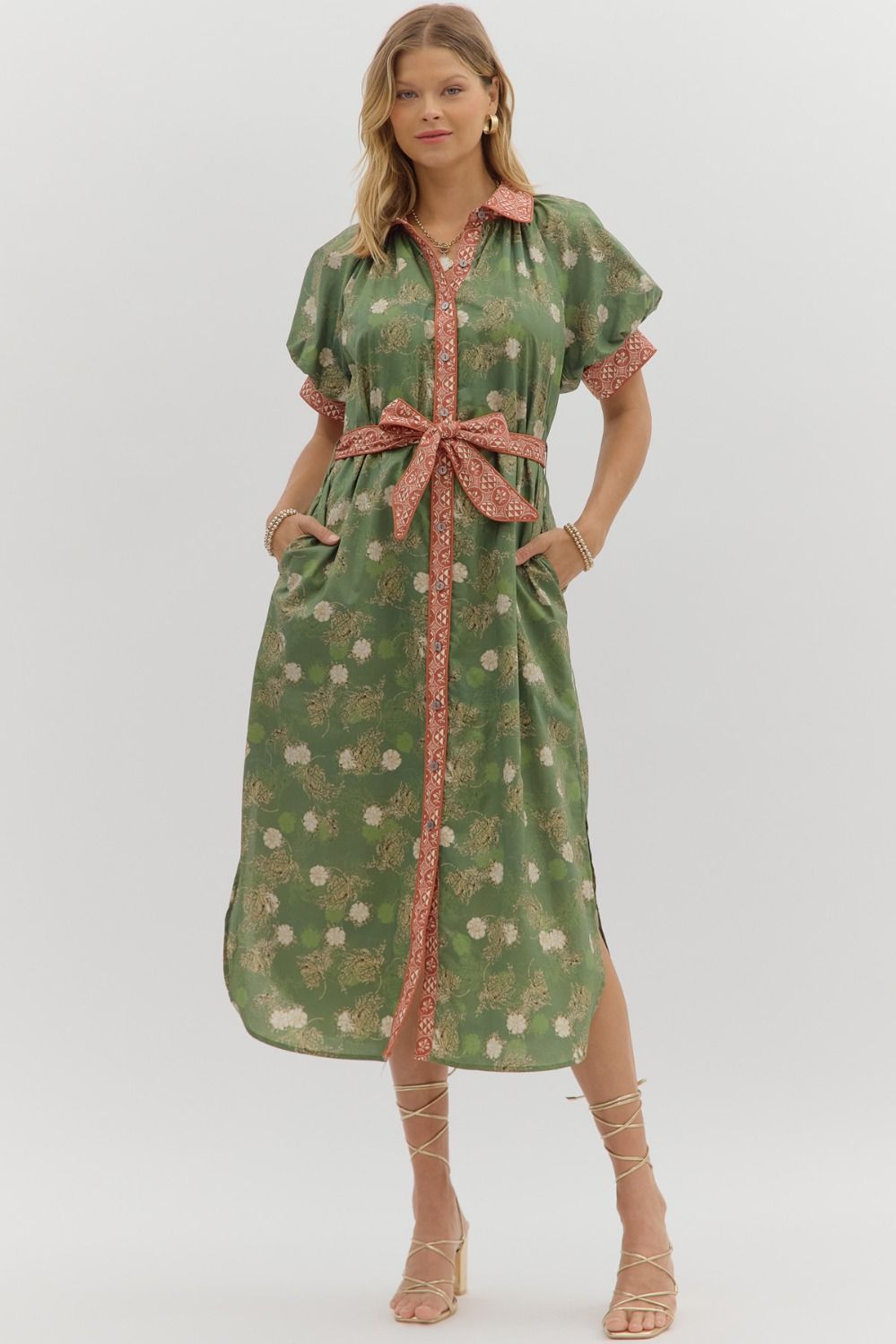 Sweet Magnolia Olive Floral Midi Dress
