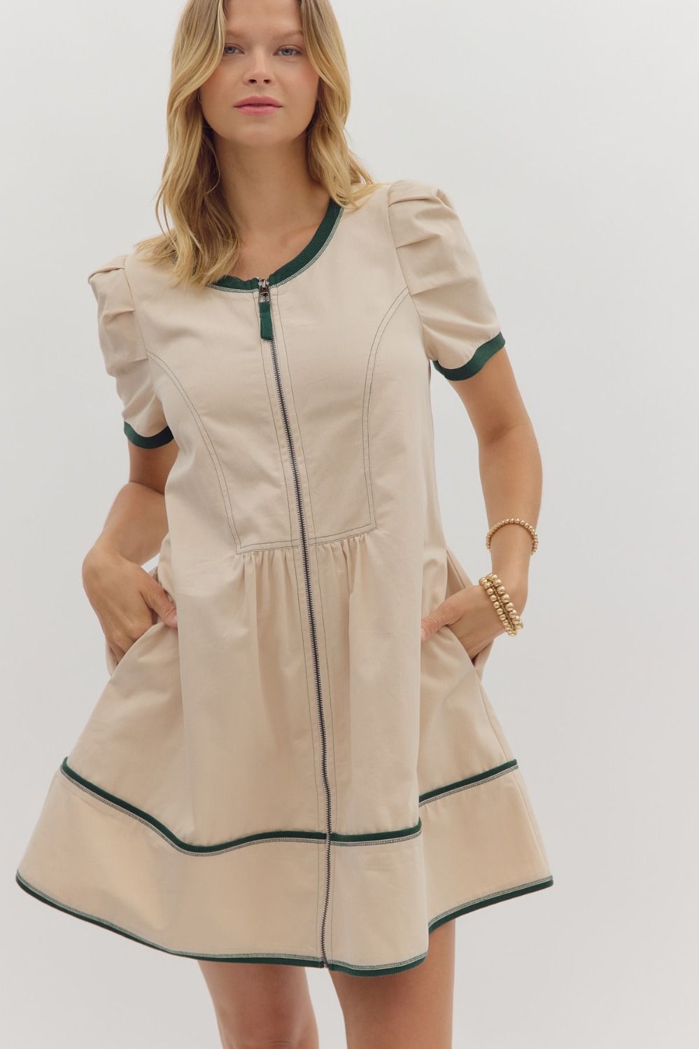 Casual Charm Neutral Dress W/Stitching Detail