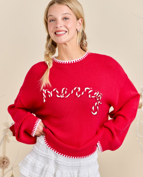 Red Merry Embroidered Sweater