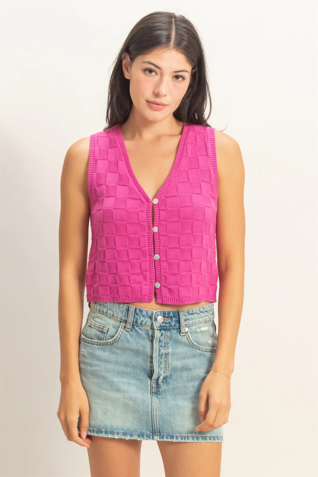 Effortless Checkered Fuchsia V Neck Top