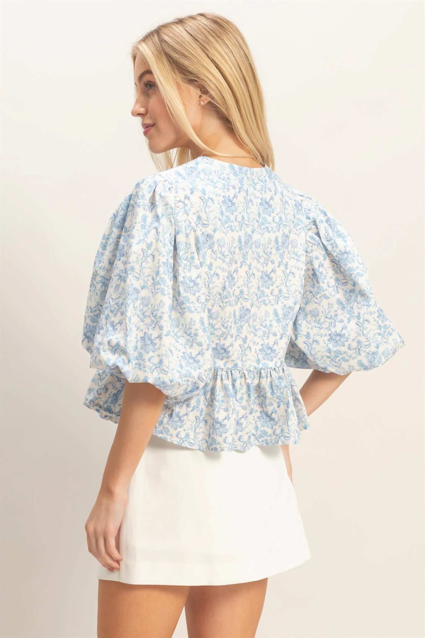 Blue Garden Tie Front Peplum Top