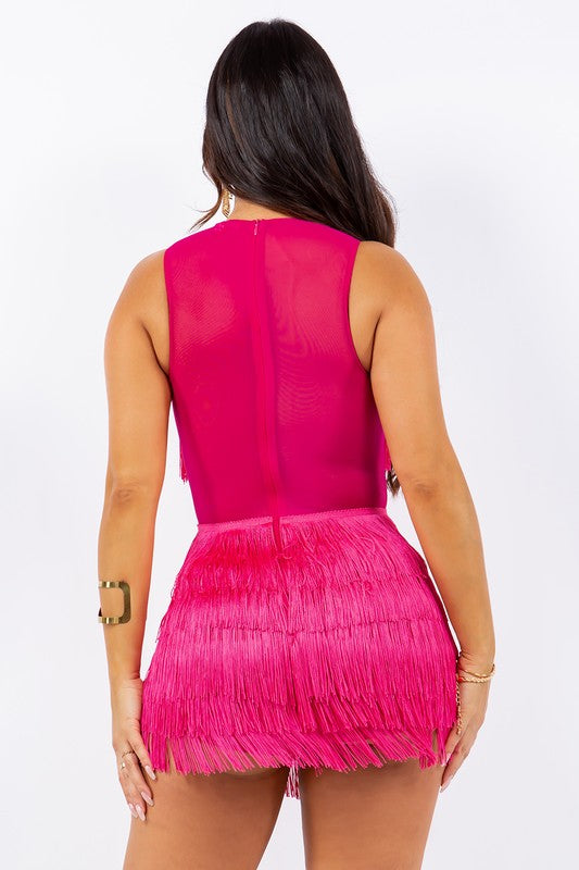 Fuchsia Mesh Fringe Romper