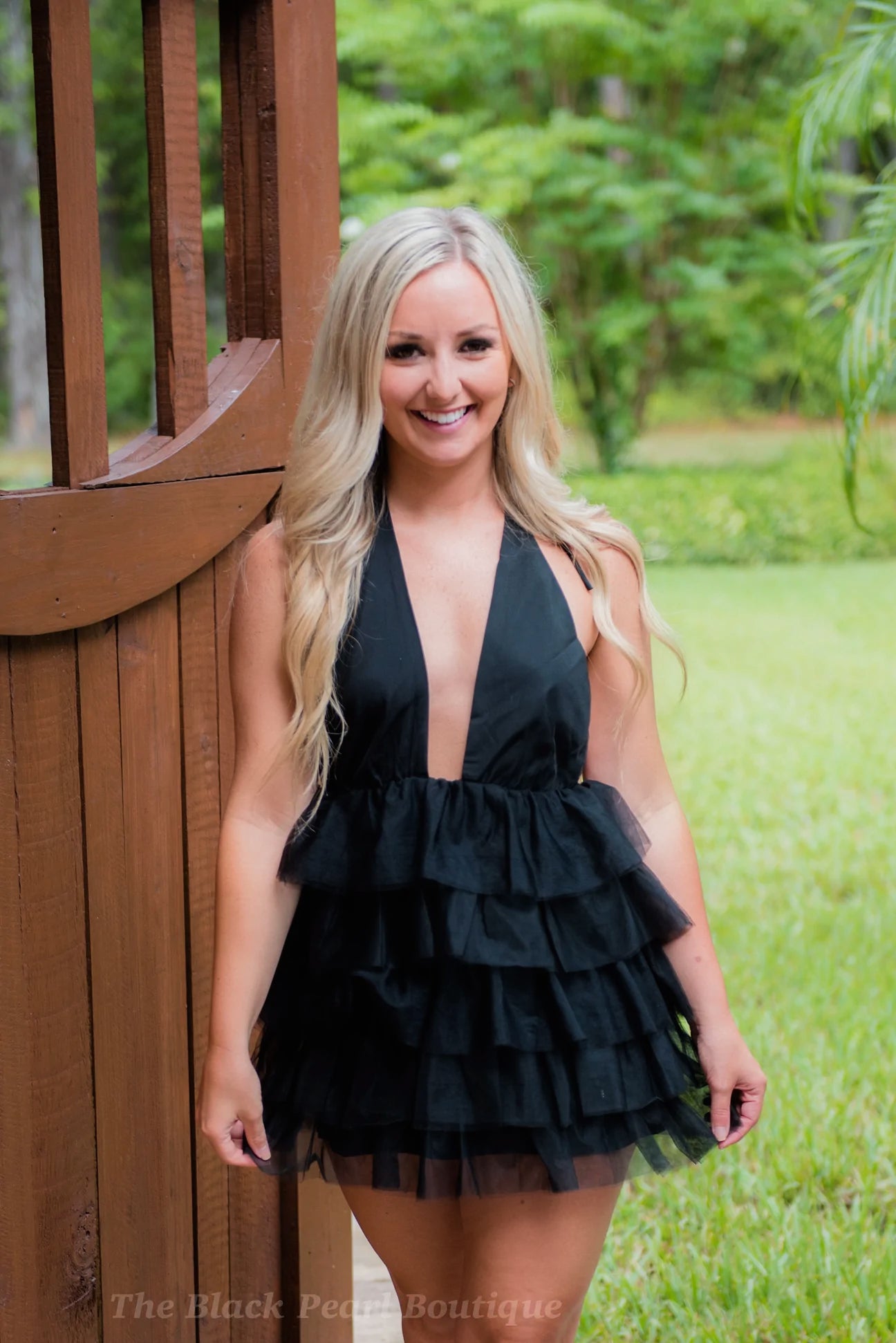 Black ruffle cocktail dress shop