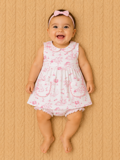 Pink Toile Bunnie Dress W/Pockets